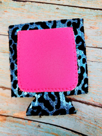 Sequin Can Coozies- Blue Leopard/Pink Pouch