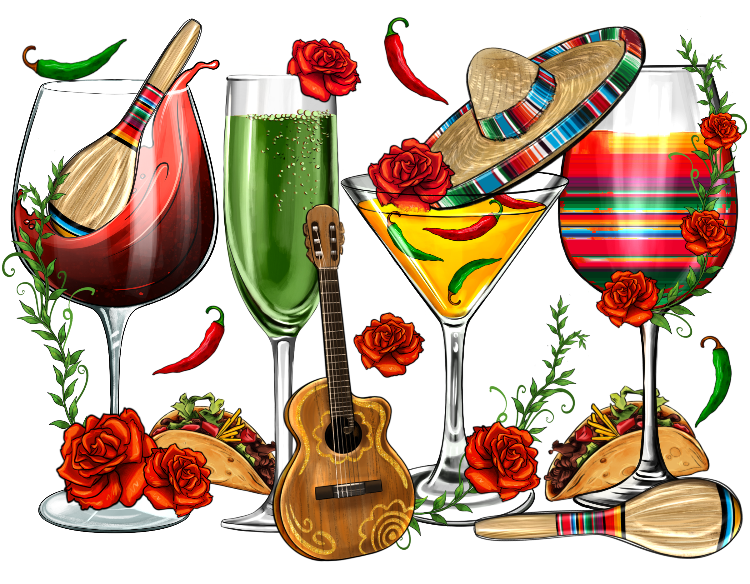 HTV Prints - Chile Serape Wine Glasses - The Vinyl Haus