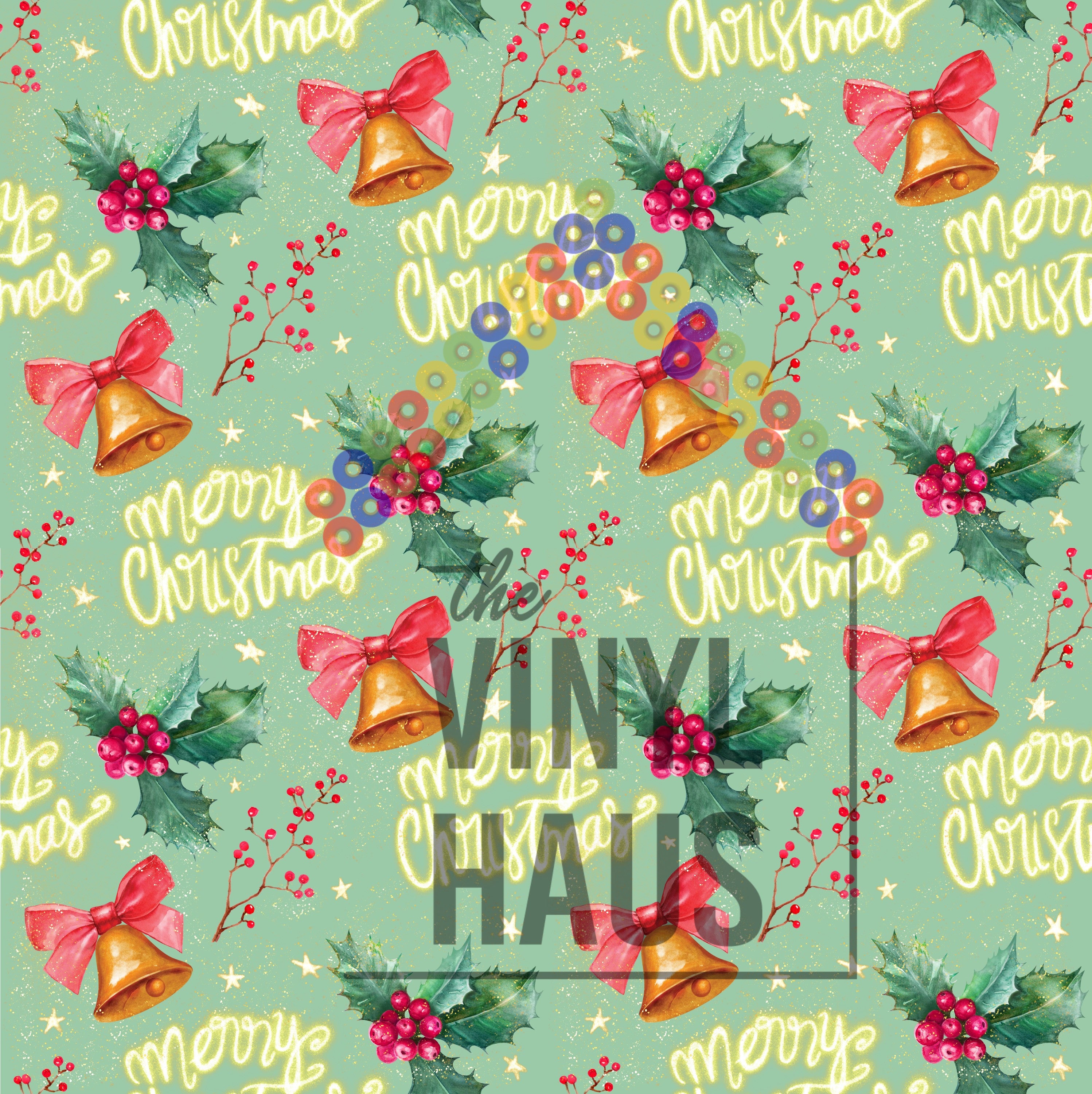Merry Christmas,Bells, Holly Pattern Vinyl 12" x 12" - The Vinyl Haus