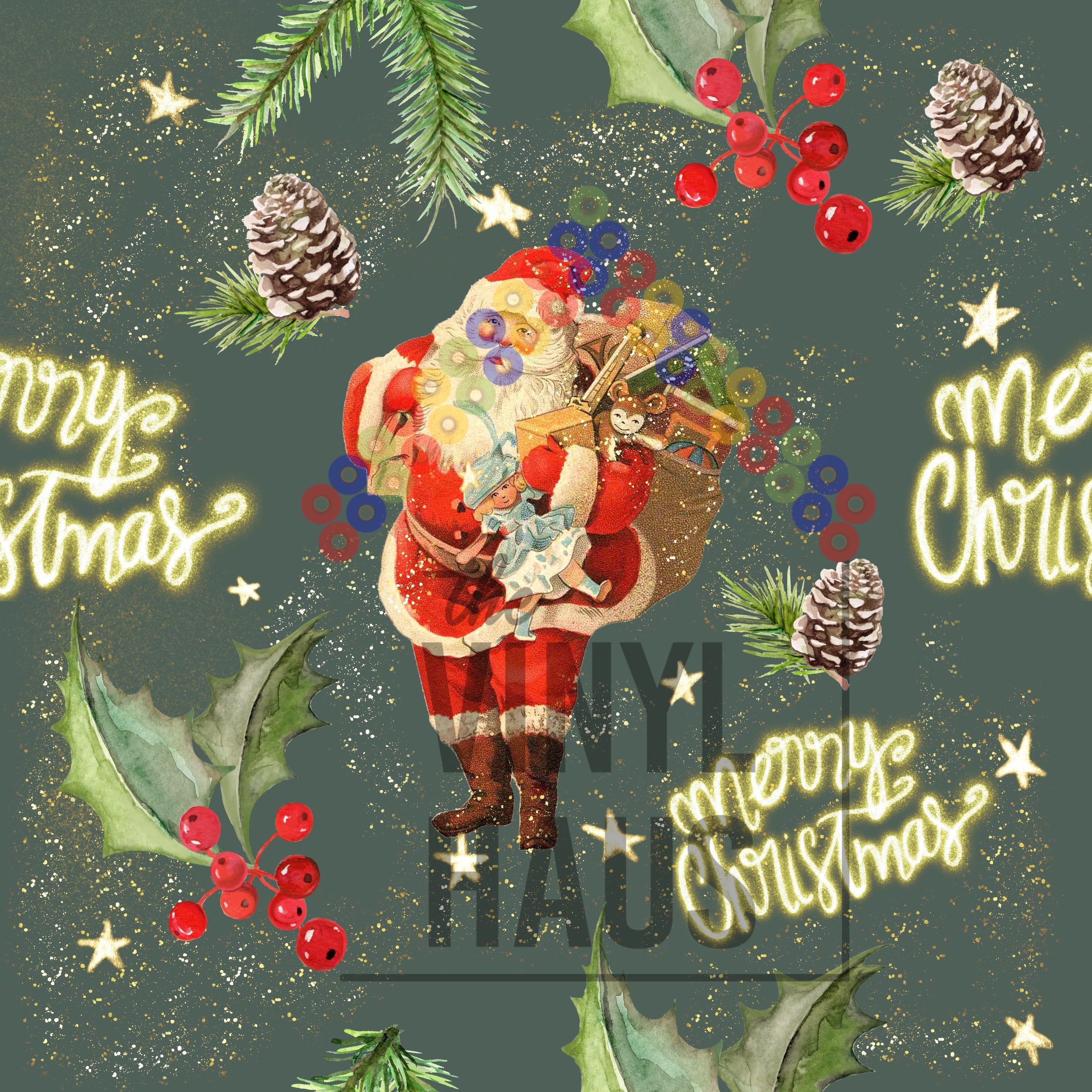 Merry Christmas, Santa, Holly Pattern Vinyl 12" x 12" - The Vinyl Haus