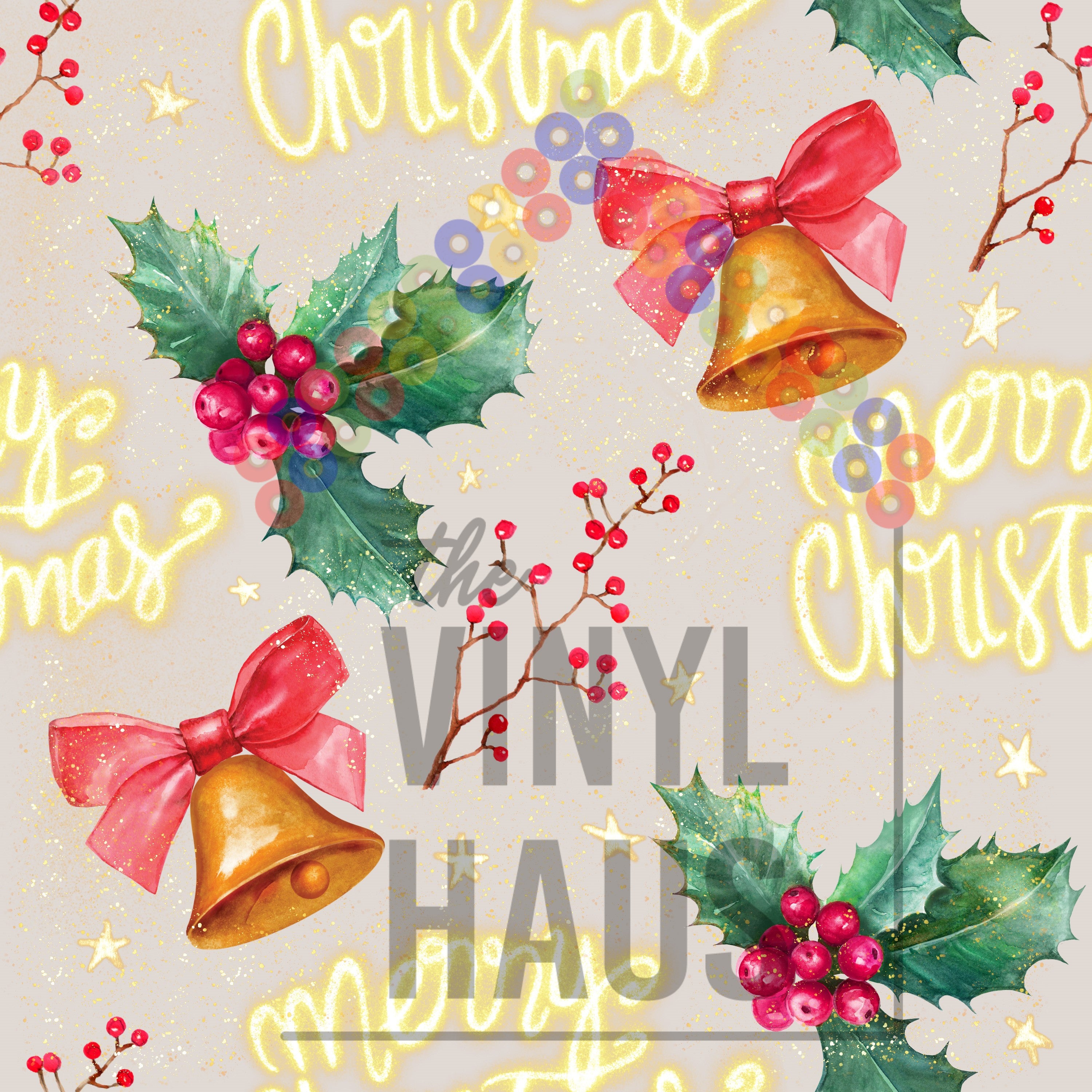 Merry Christmas, Bells, Holly Beige Background Pattern Vinyl 12" x 12" - The Vinyl Haus