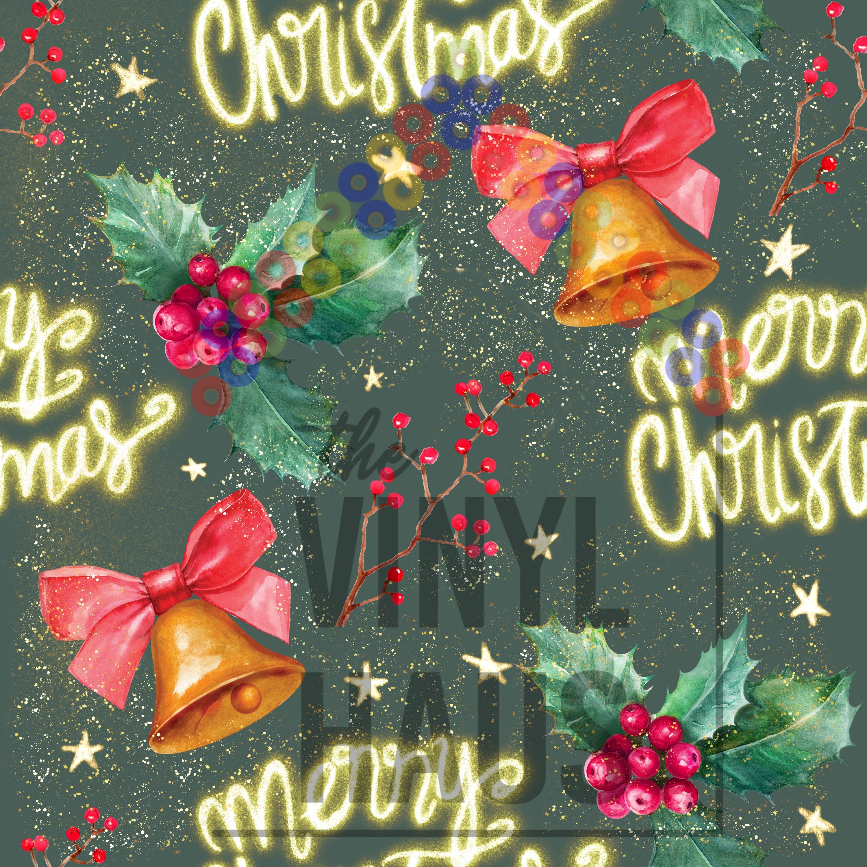 Merry Christmas, Bells, Holly Dark Green Background Pattern Vinyl 12" x 12" - The Vinyl Haus