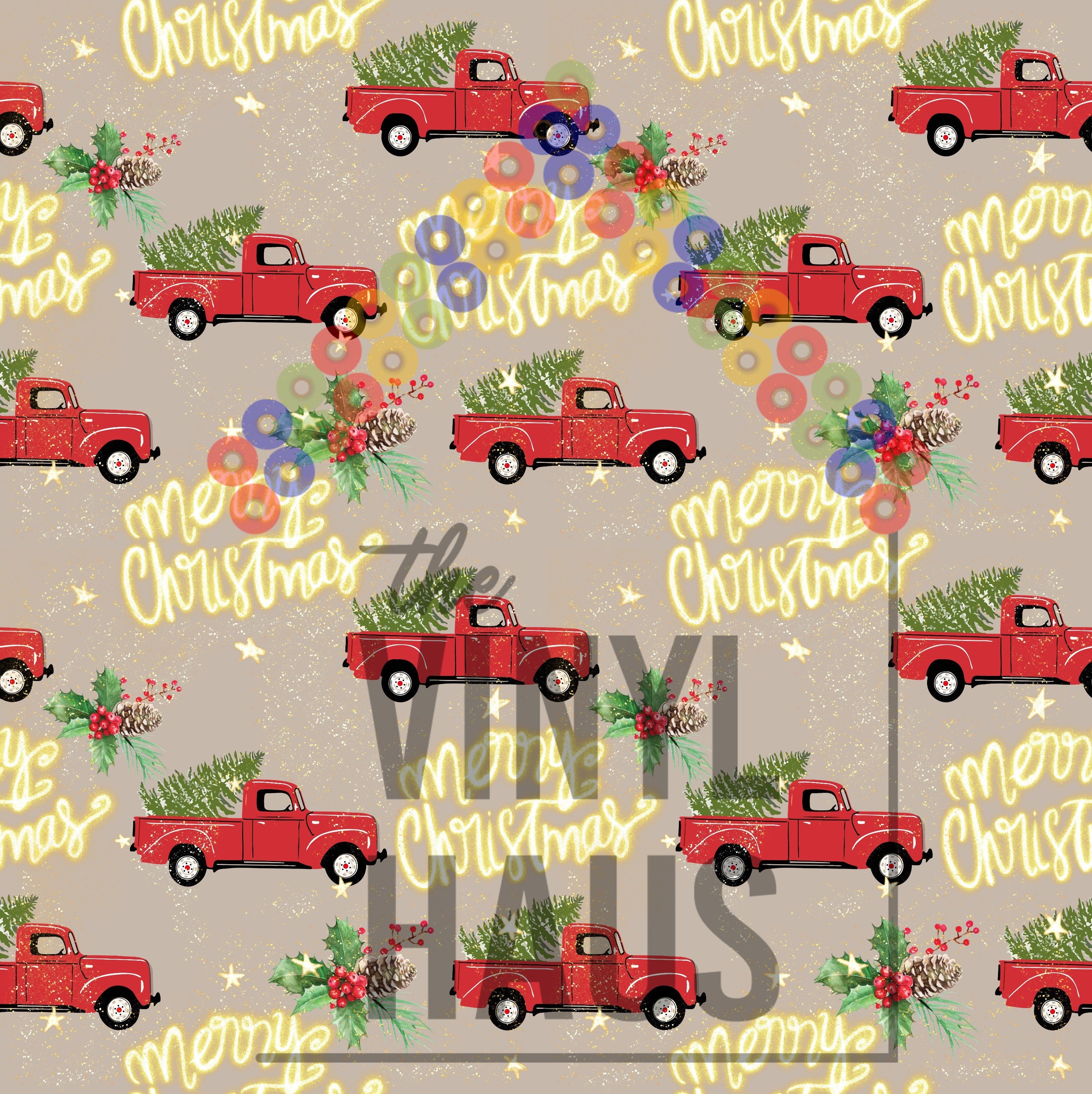 Merry Christmas, Holly, Red Trucks Pattern Vinyl 12" x 12" - The Vinyl Haus