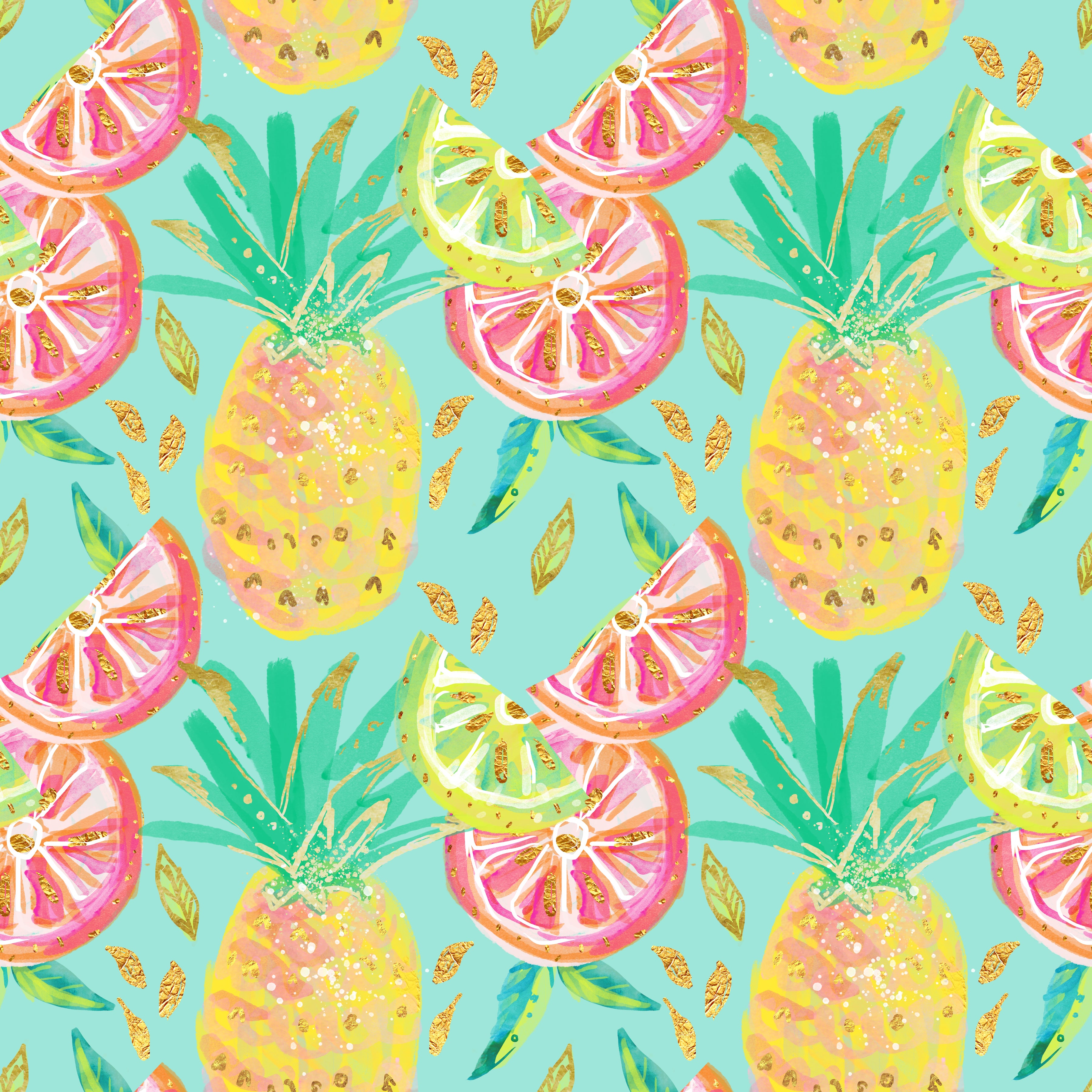 Golden Sparkle Tropical Fruits Turquoise Background Vinyl 12" x 12" - The Vinyl Haus
