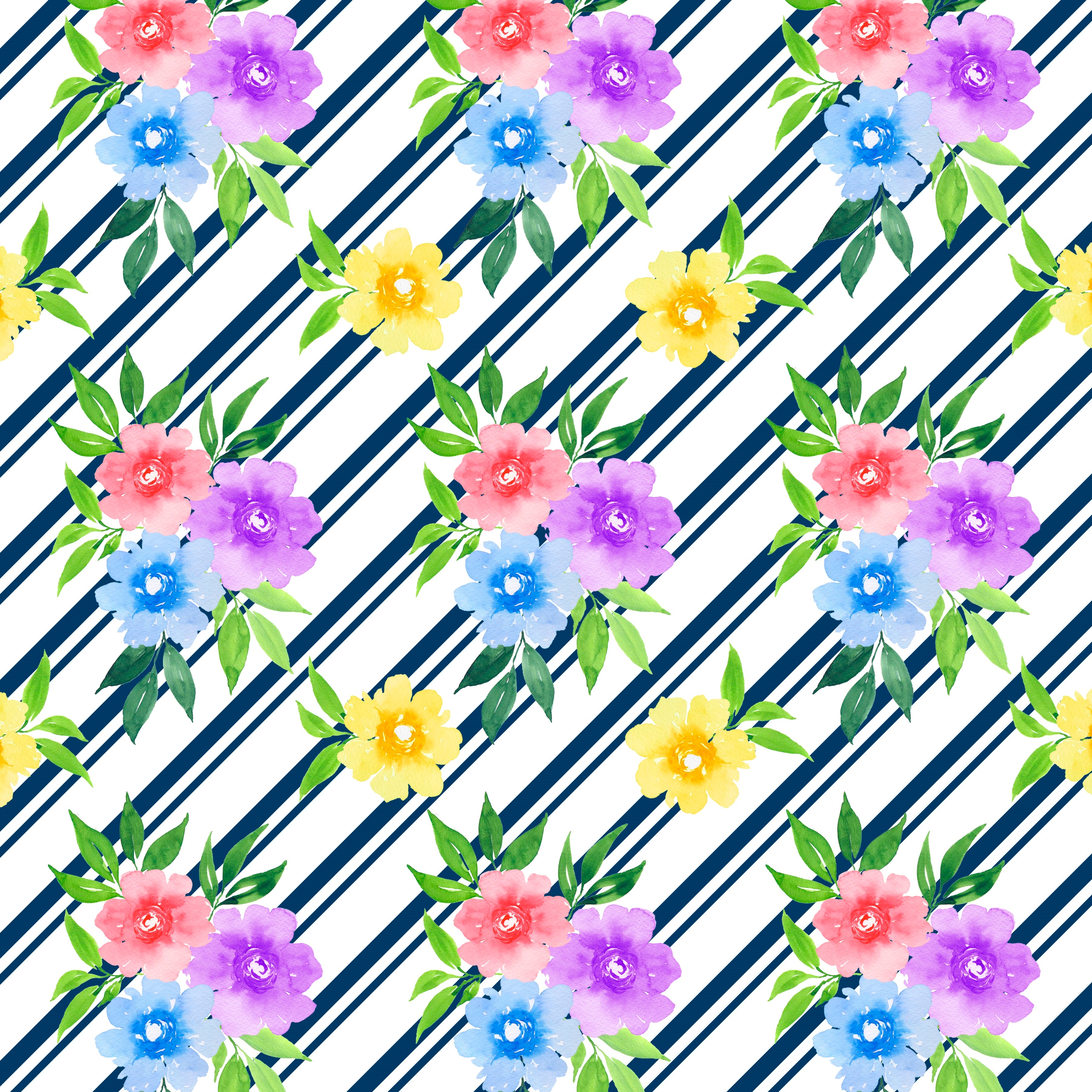 Garden Floral On White With Navy Diagonal Stripes Pattern Vinyl 12" x 12" - The Vinyl Haus