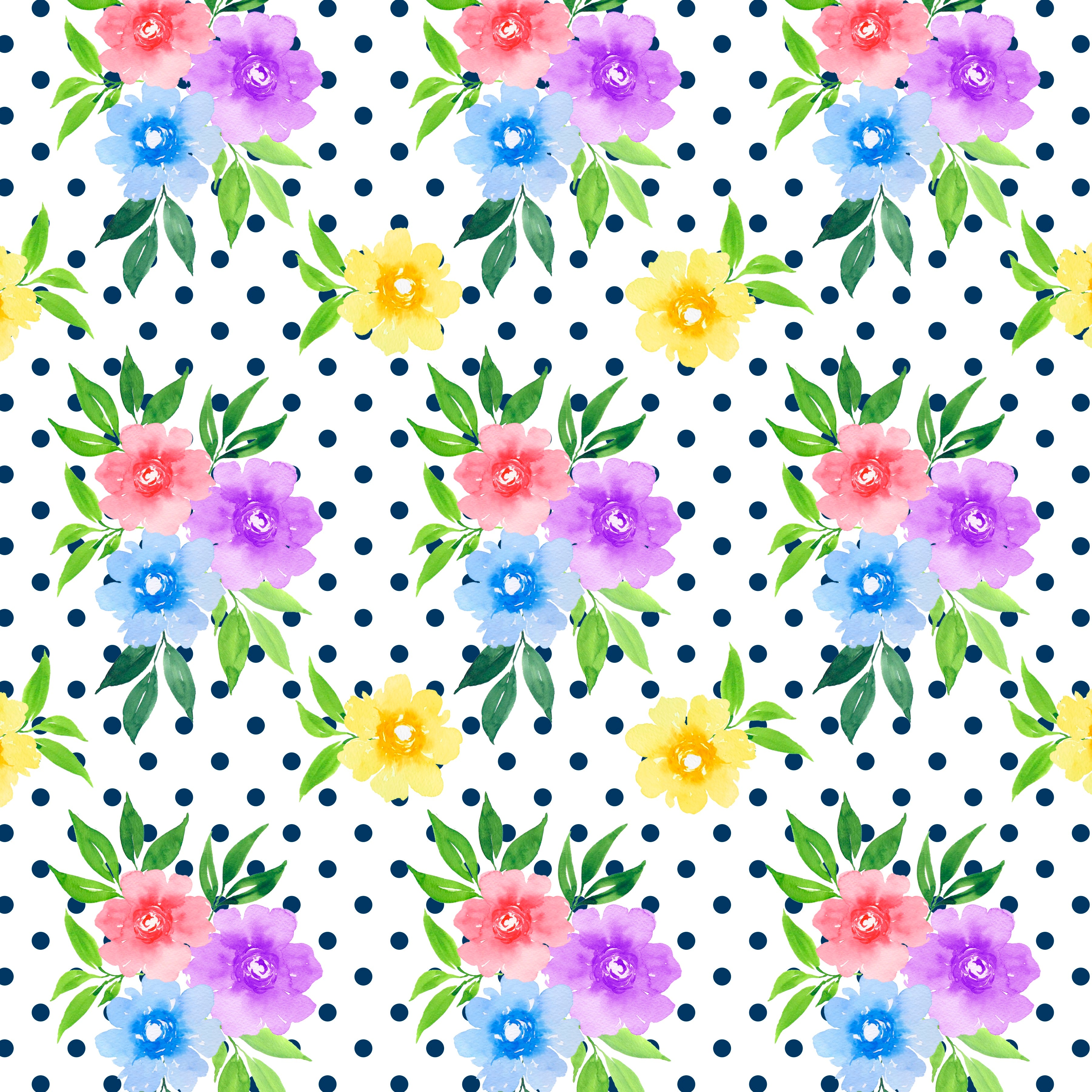Garden Floral On White With Navy Dots Pattern Vinyl 12" x 12" - The Vinyl Haus