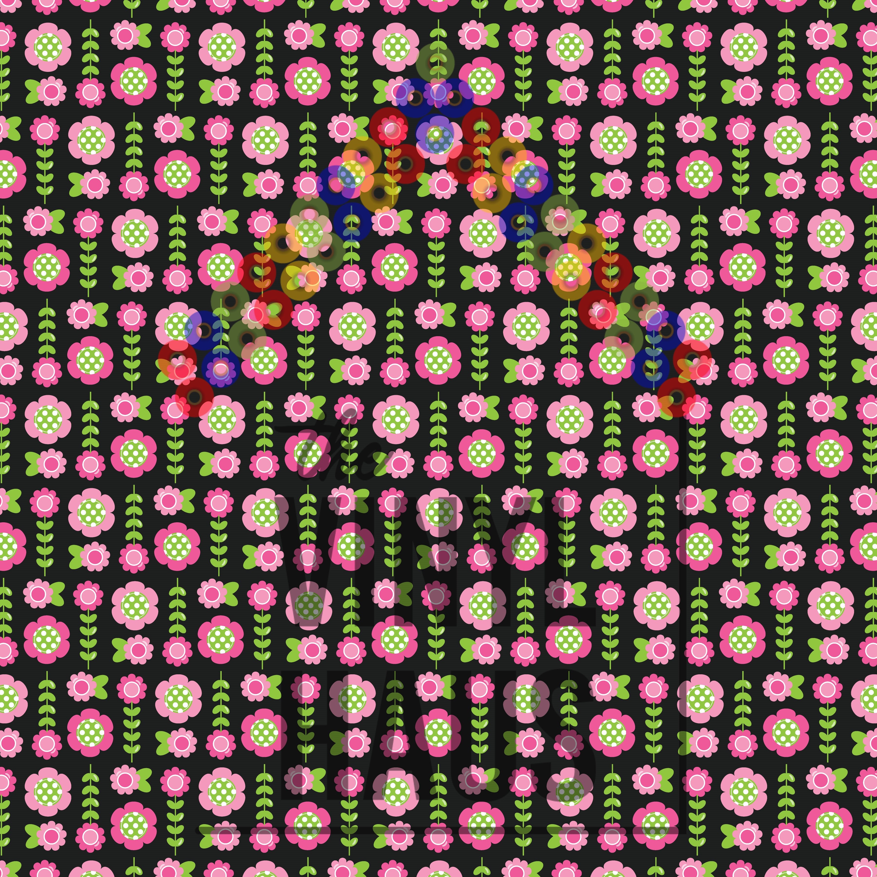Pink Flowers Black Background Pattern Vinyl 12" x 9" - The Vinyl Haus