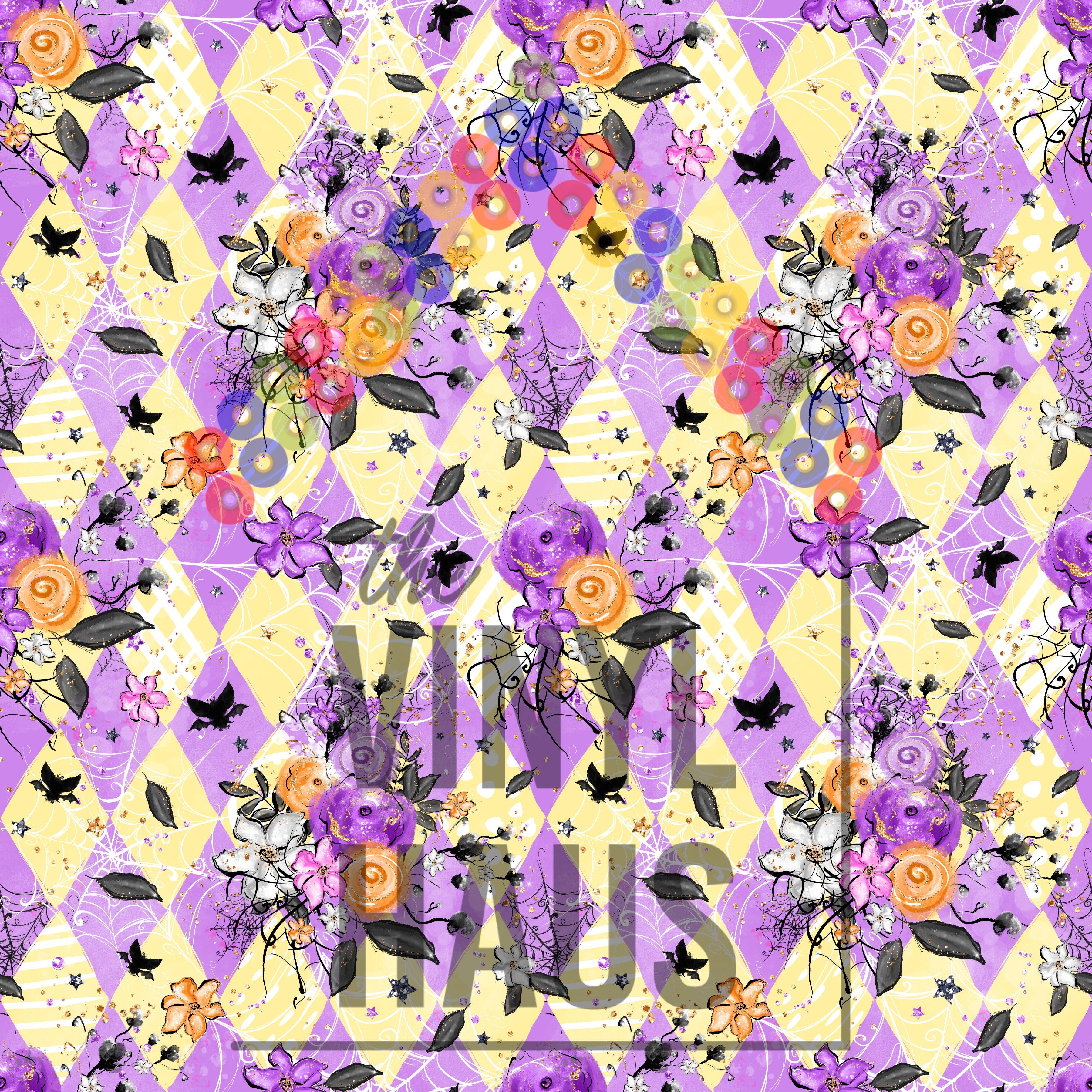 Halloween Floral Yellow And Purple Diamonds Pattern Vinyl 12" x 9" - The Vinyl Haus