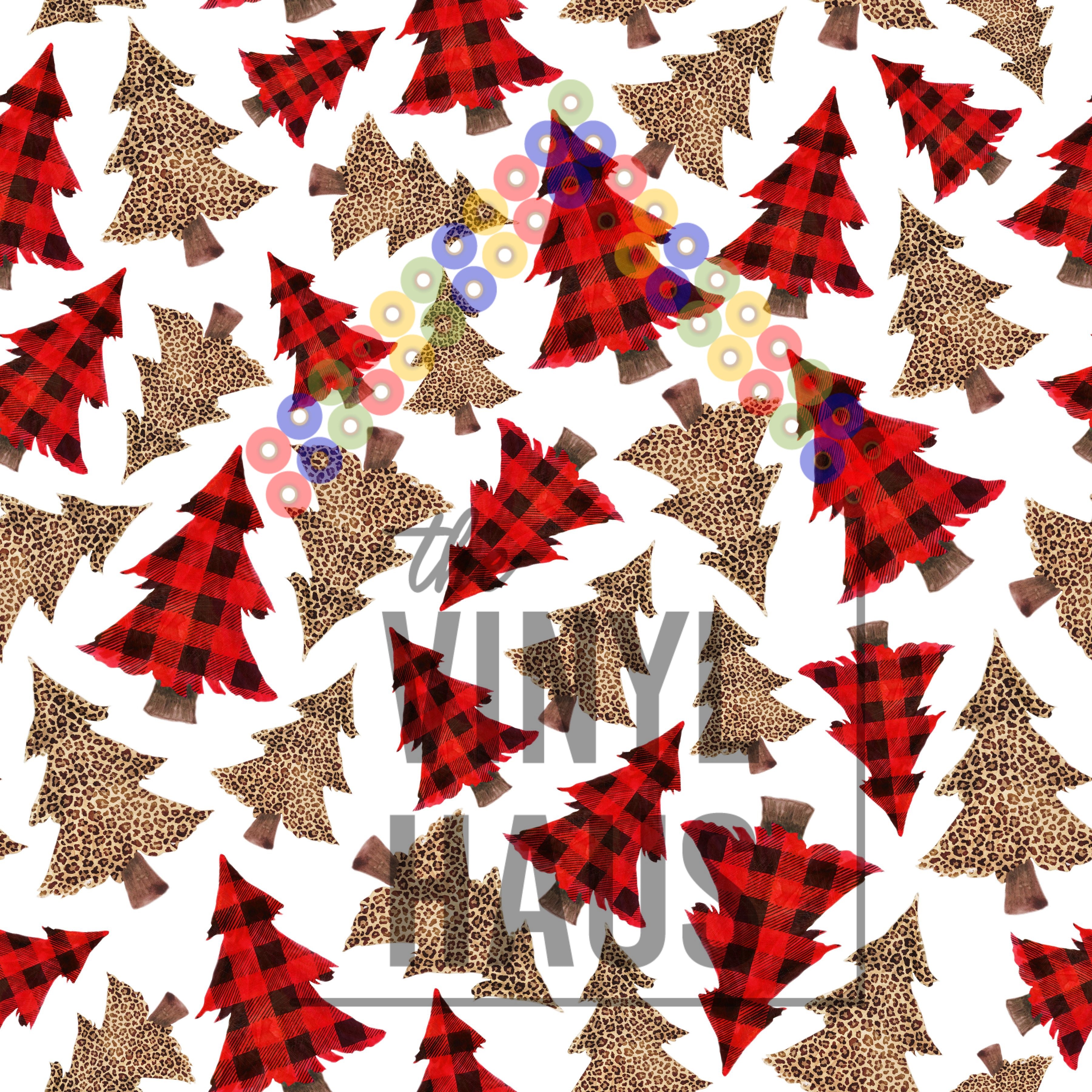 Red Buffalo Plaid and Cheetah Christmas Trees White Background Pattern Vinyl 12" x 12" - The Vinyl Haus