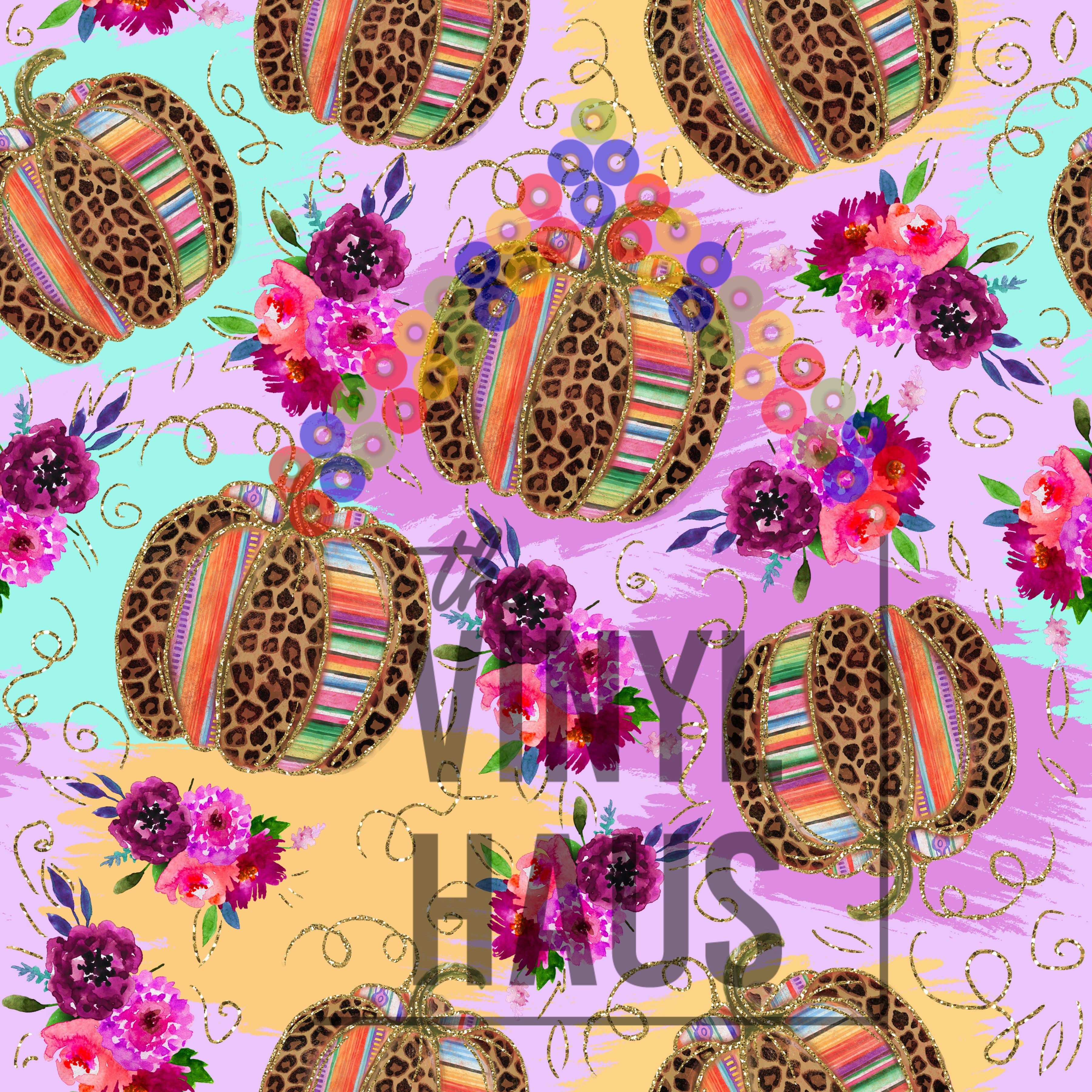 Serape Cheetah Pumpkins with Flowers Pink Backgroud Pattern Vinyl 12" x 12" - The Vinyl Haus