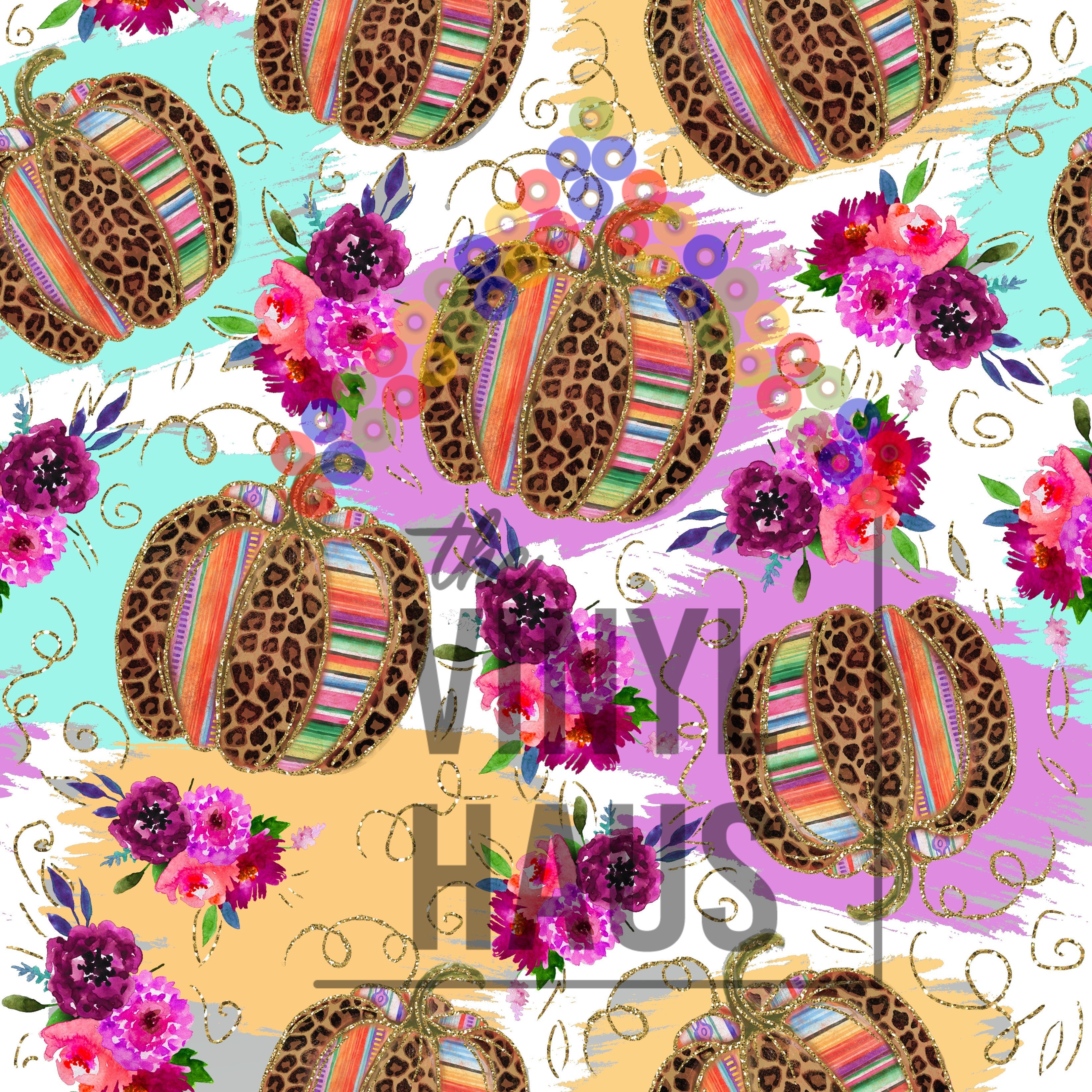 Serape Cheetah Pumpkins with Flowers White Background Pattern Vinyl 12" x 12" - The Vinyl Haus