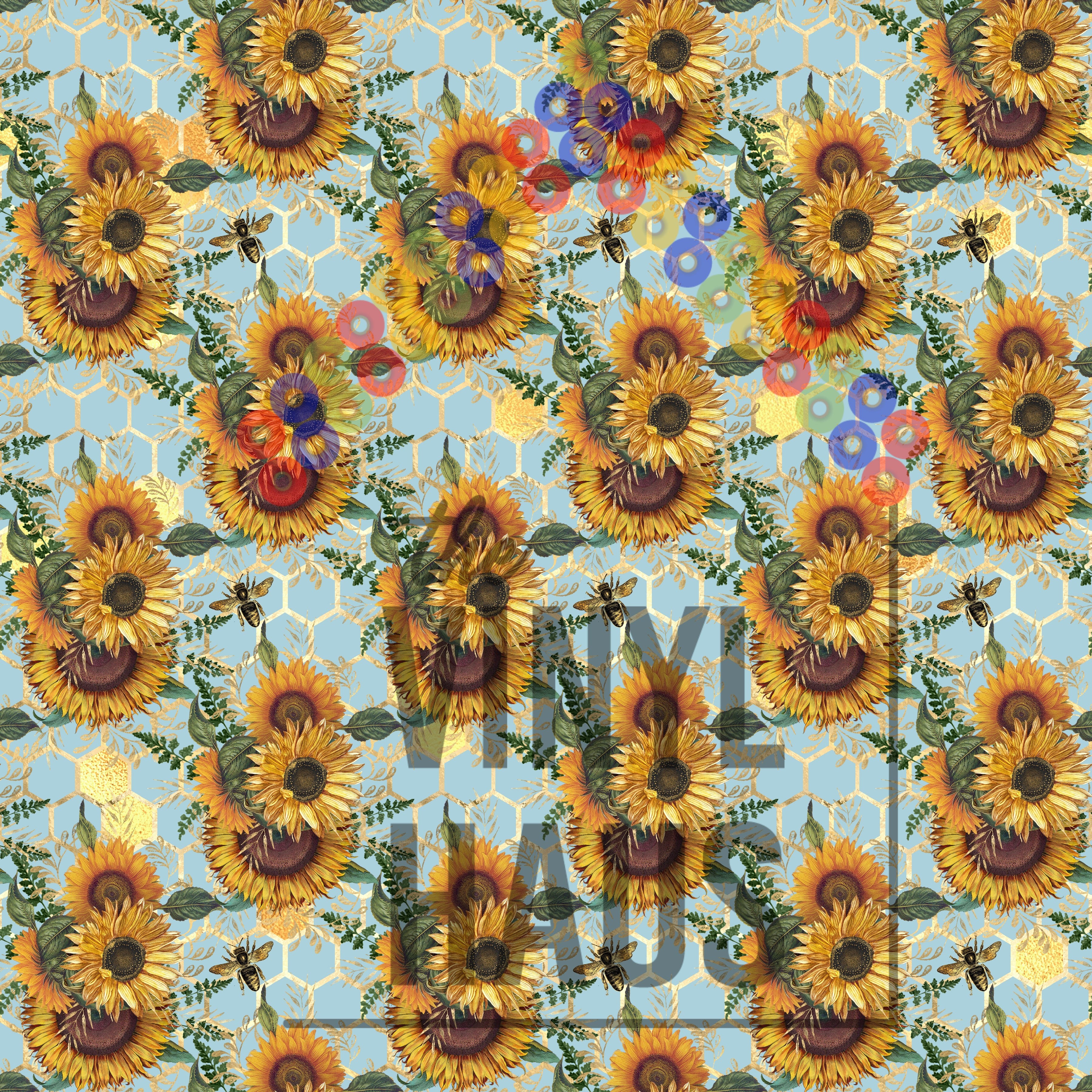 Sunflower and Bee with Blue HoneyComb Pattern Vinyl 12" x 12" - The Vinyl Haus
