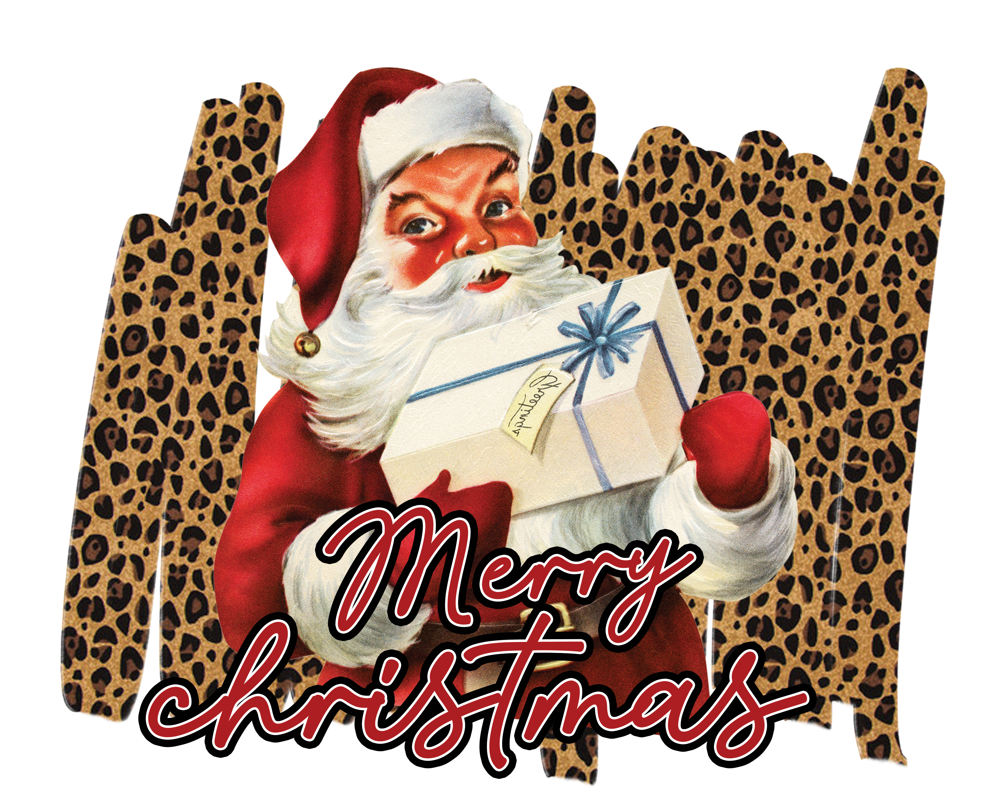 Sublimation Prints - Vintage Santa With Package Leopard Background - The Vinyl Haus