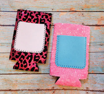 Sequin Can Slim koozie- Pink Leopard/White Pouch