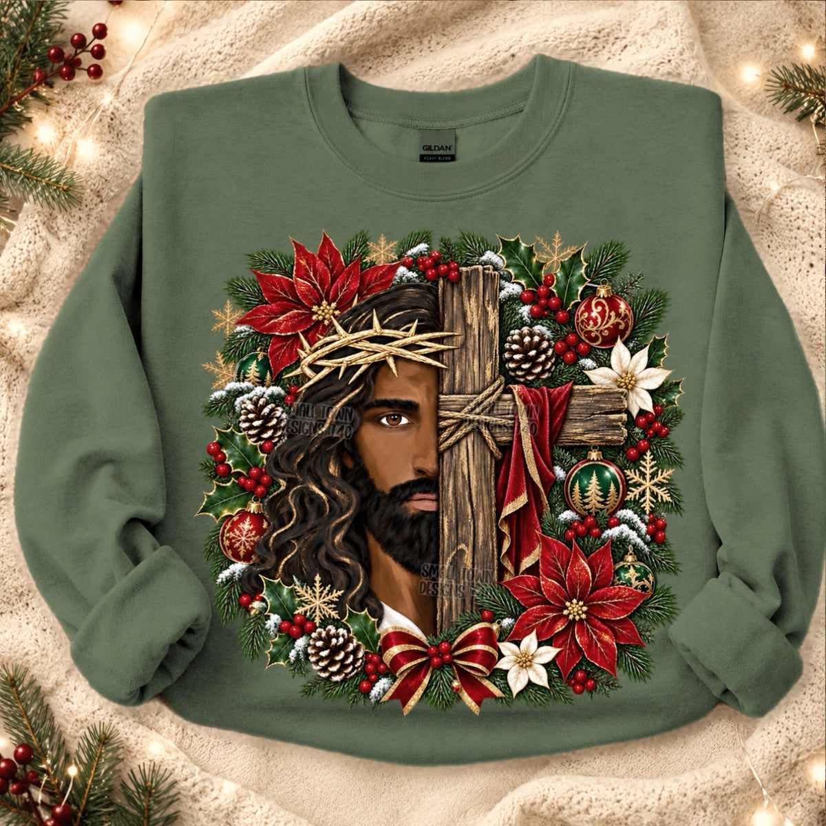 DTF PRINT - Christmas Wreath Jesus Wooden Cross