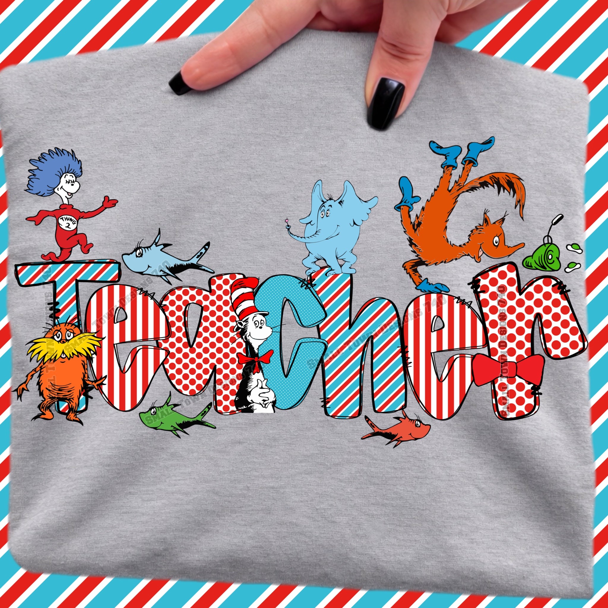 DTF PRINT - Back to School Teacher Cat in the Hat Characters Stripes Main image