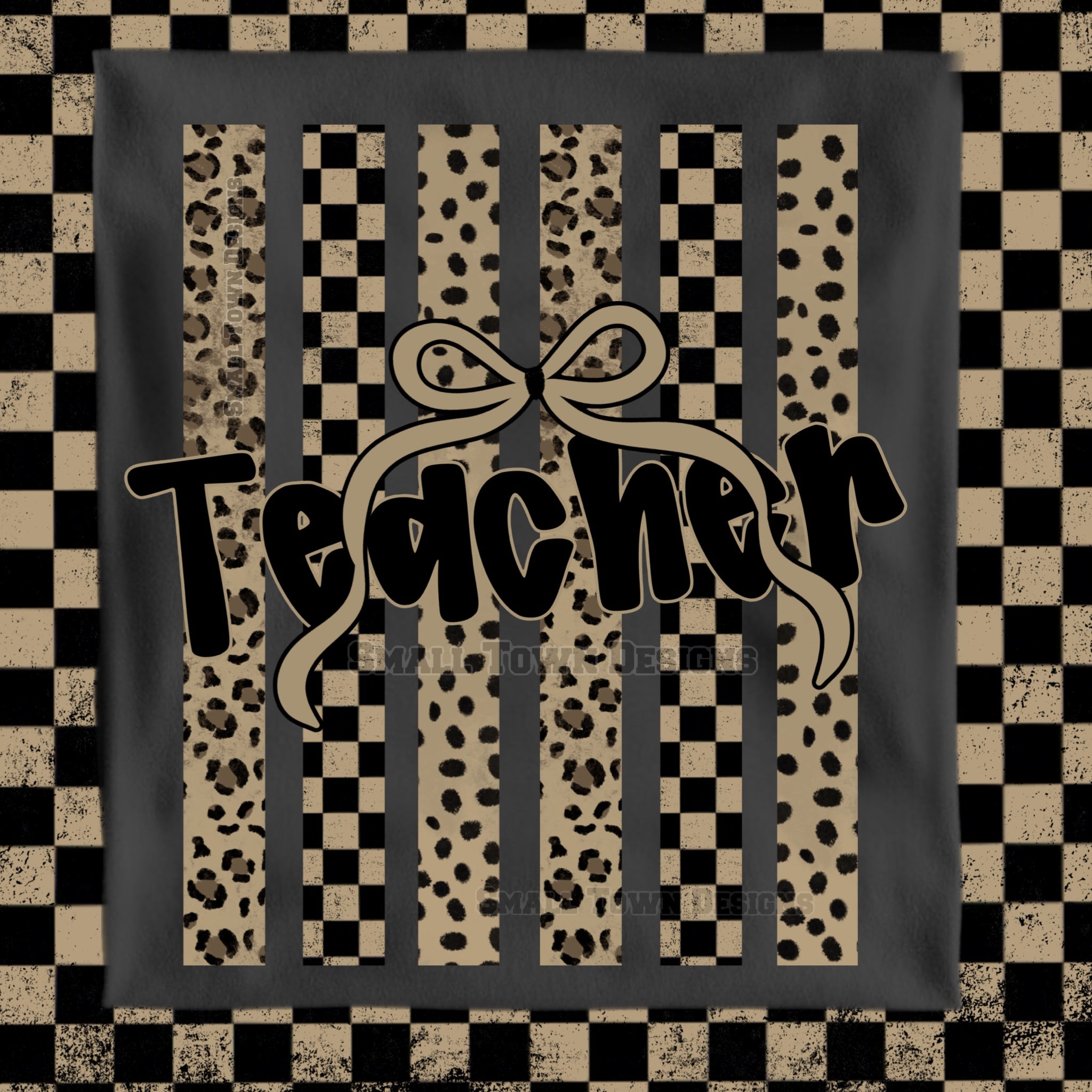 DTF PRINT - Back to School Teacher Animal Print Checkerboard Bow Main image