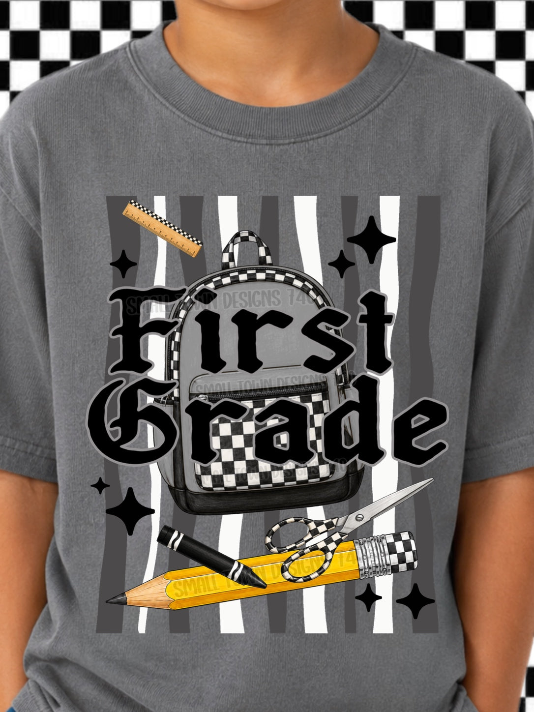 DTF PRINT - Back to School First Grade Checkerboard Backpack School Tools Main image