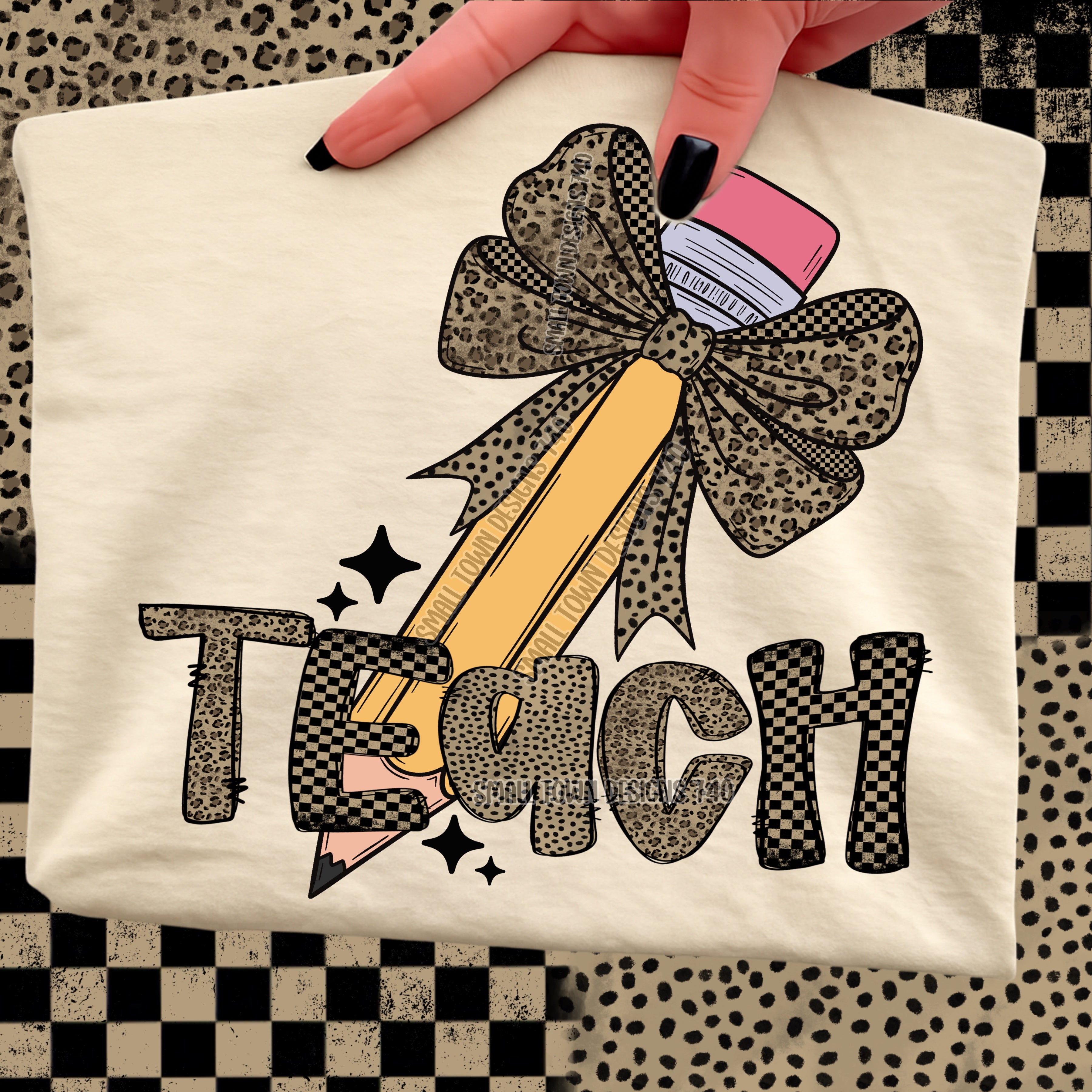 DTF PRINT - Back to School Teach Animal Print Bow Pencil Main image