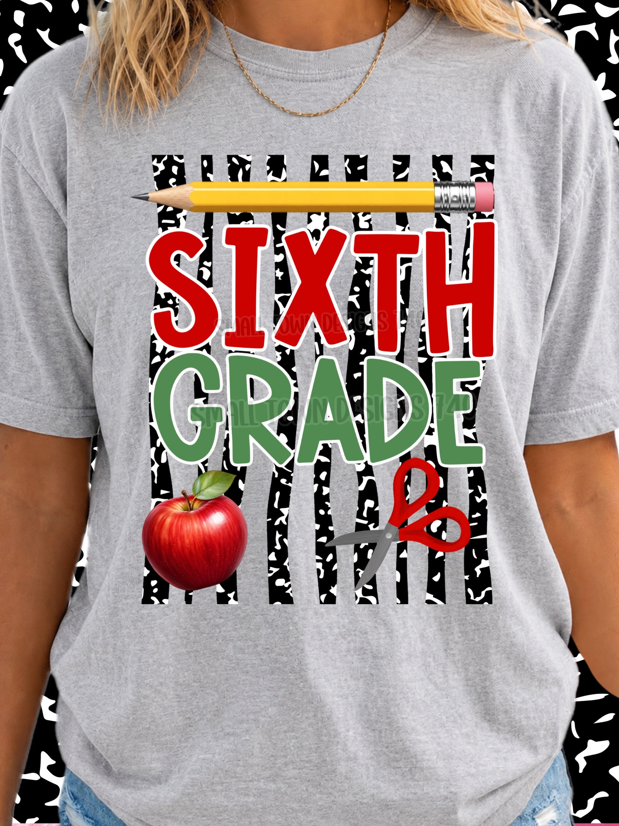 DTF PRINT - Back to School Sixth Grade Pencil Apple Scissors Main image