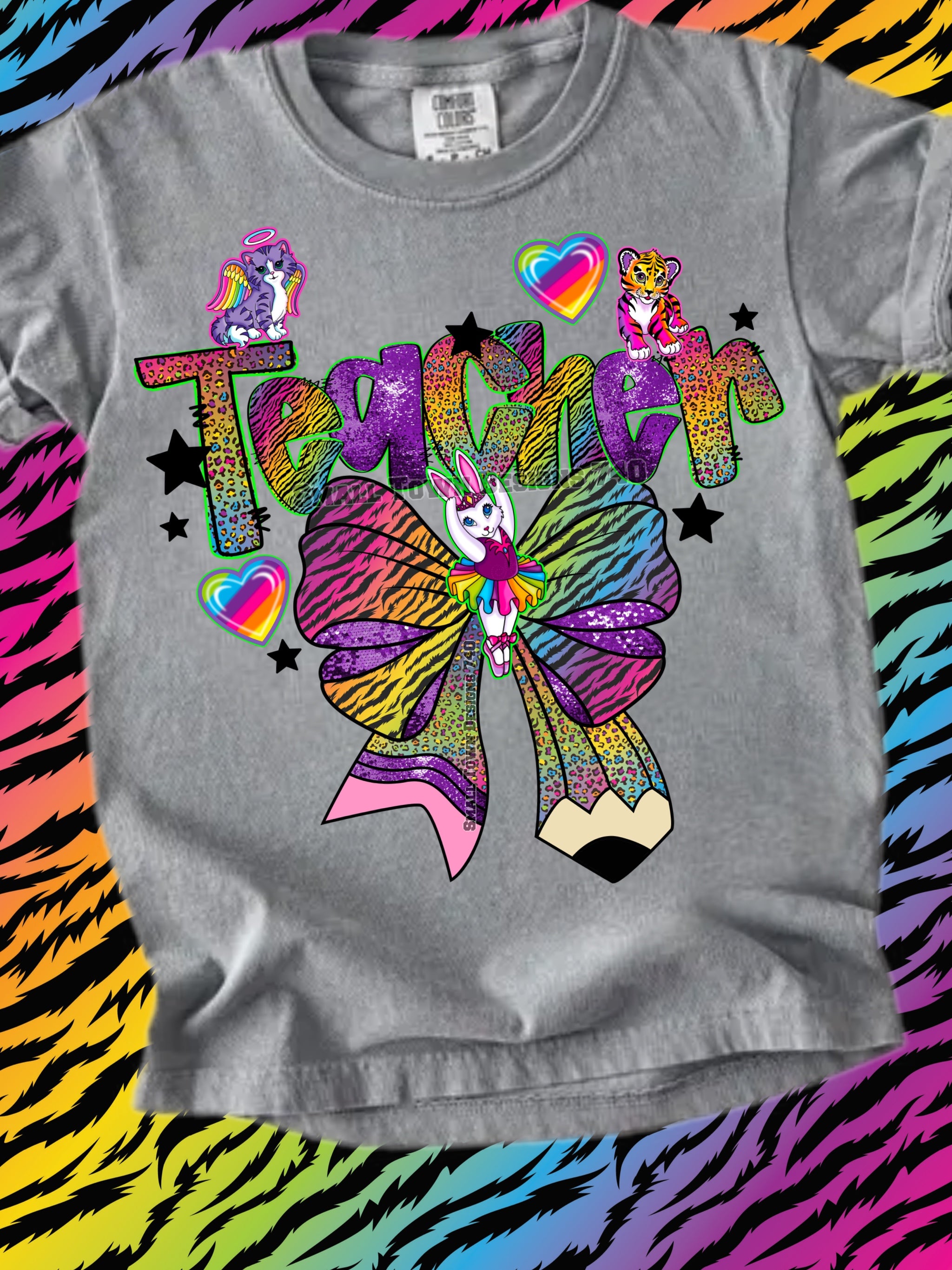DTF PRINT - Back to School Teacher Lisa Frank Inspired Bright Colors Main image