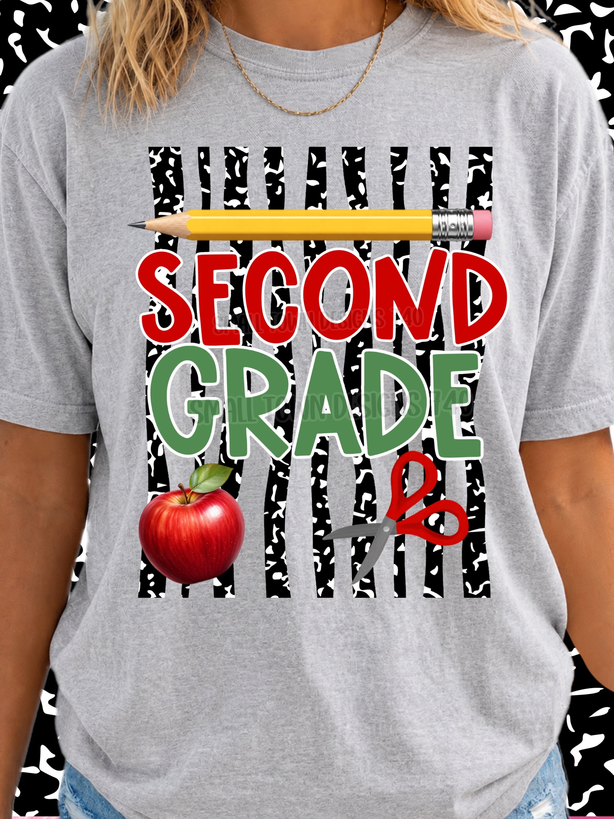 DTF PRINT - Back to School Second Grade Apple Pencil Scissors