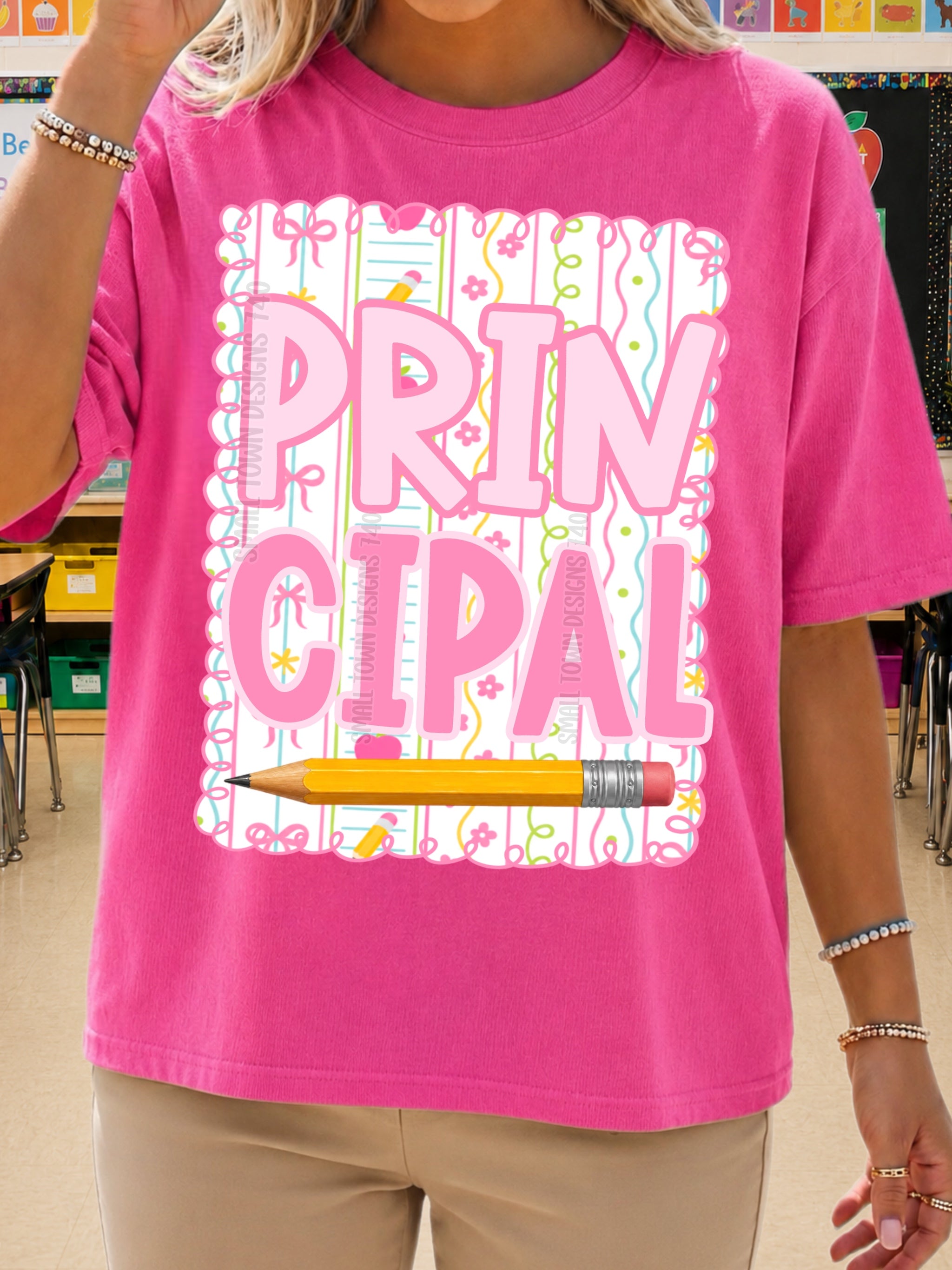 DTF PRINT - Back to School Principal Bows Flowers Pencil Main image