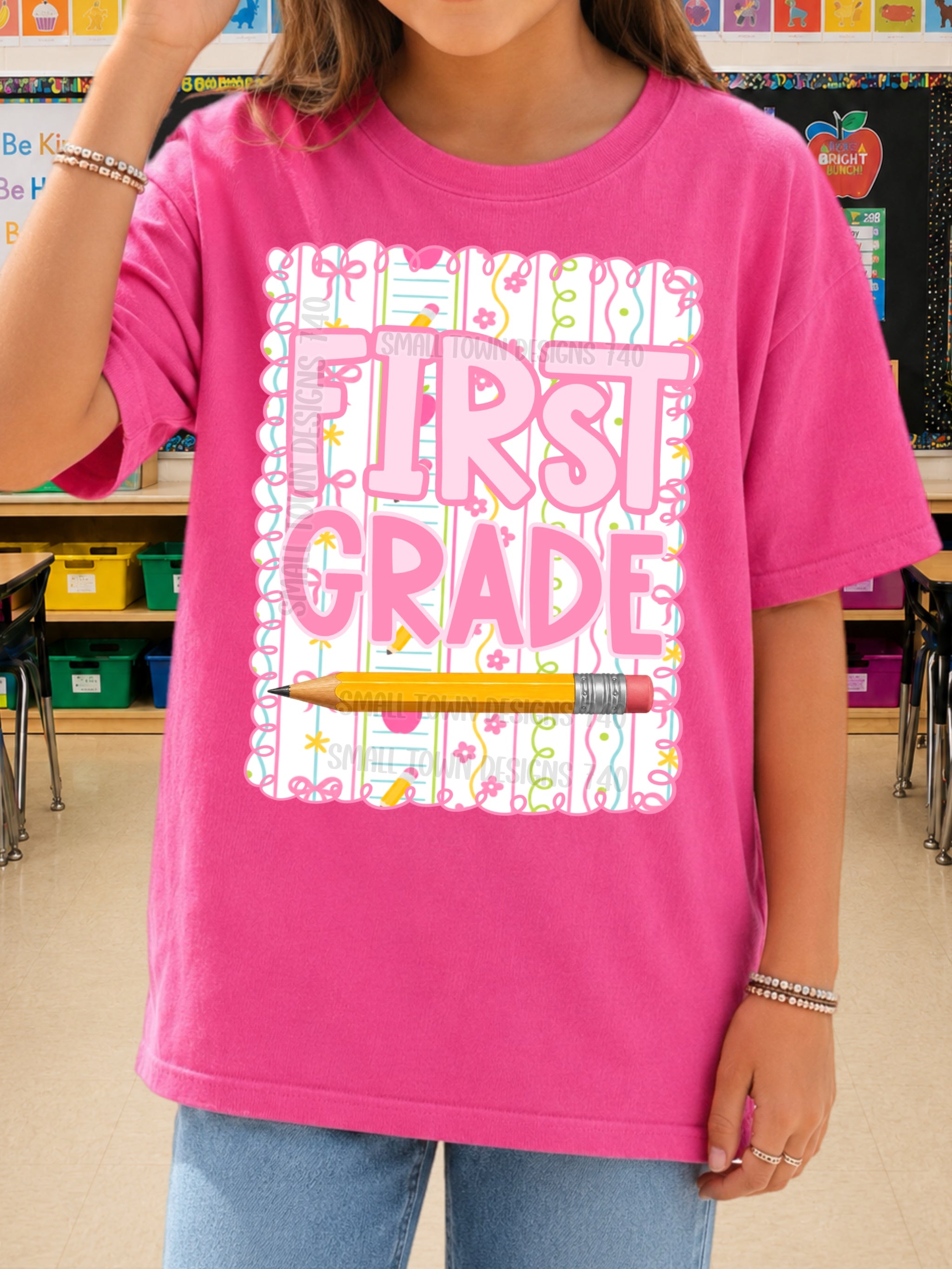 DTF PRINT - Back to School First Grade Bows Flowers Pencil
