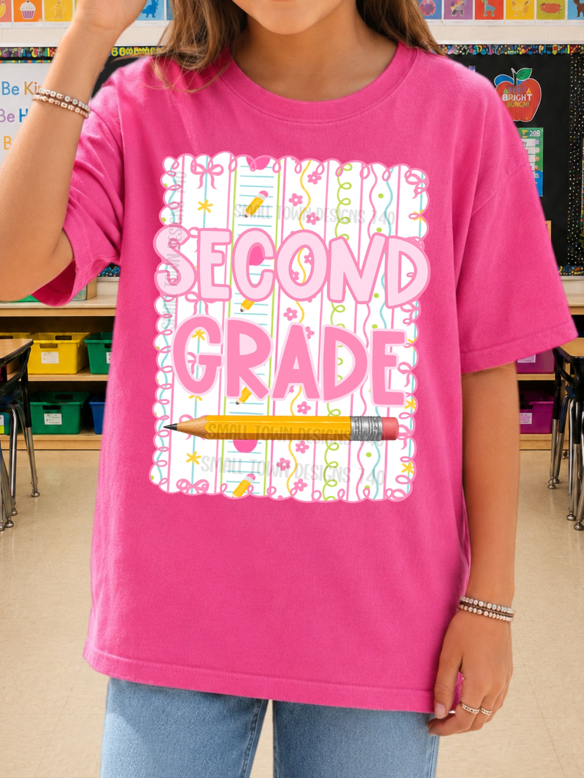DTF PRINT - Back to School Second Grade Bows Flowers Pencil