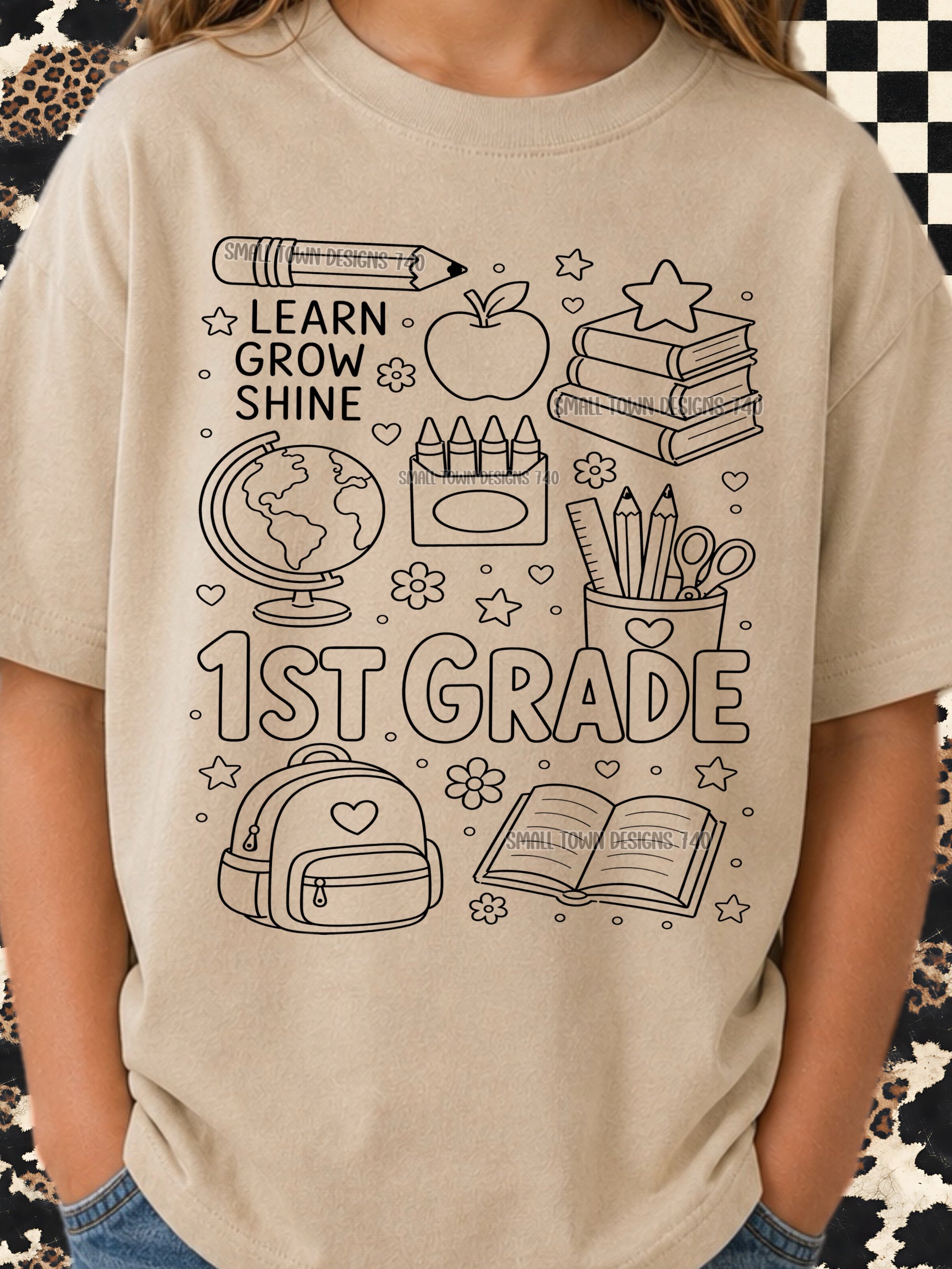 DTF PRINT - Back to School First Grade Learn Grow Shine School Tools