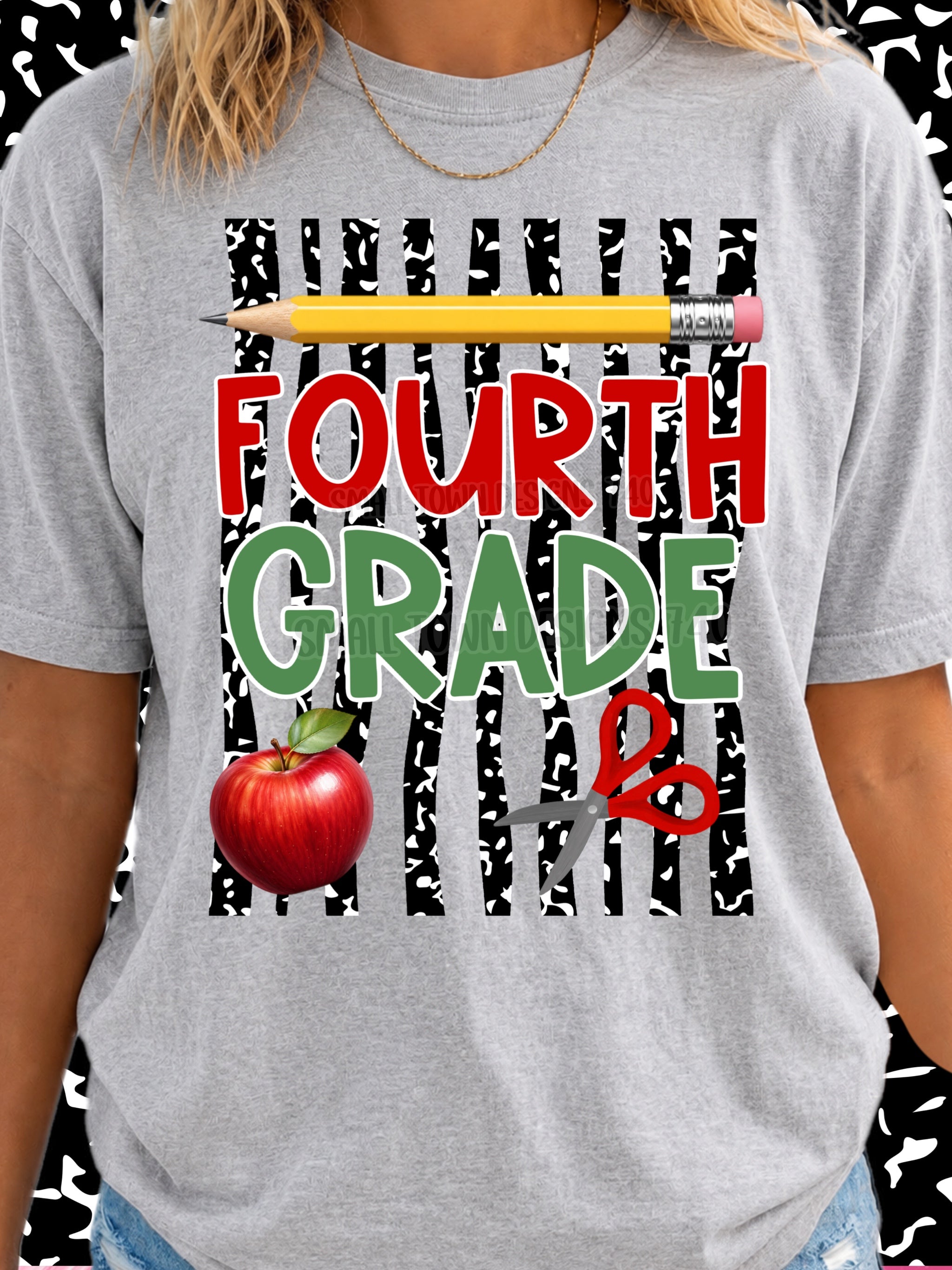DTF PRINT - Back to School Fourth Grade Apple Scissors Pencil
