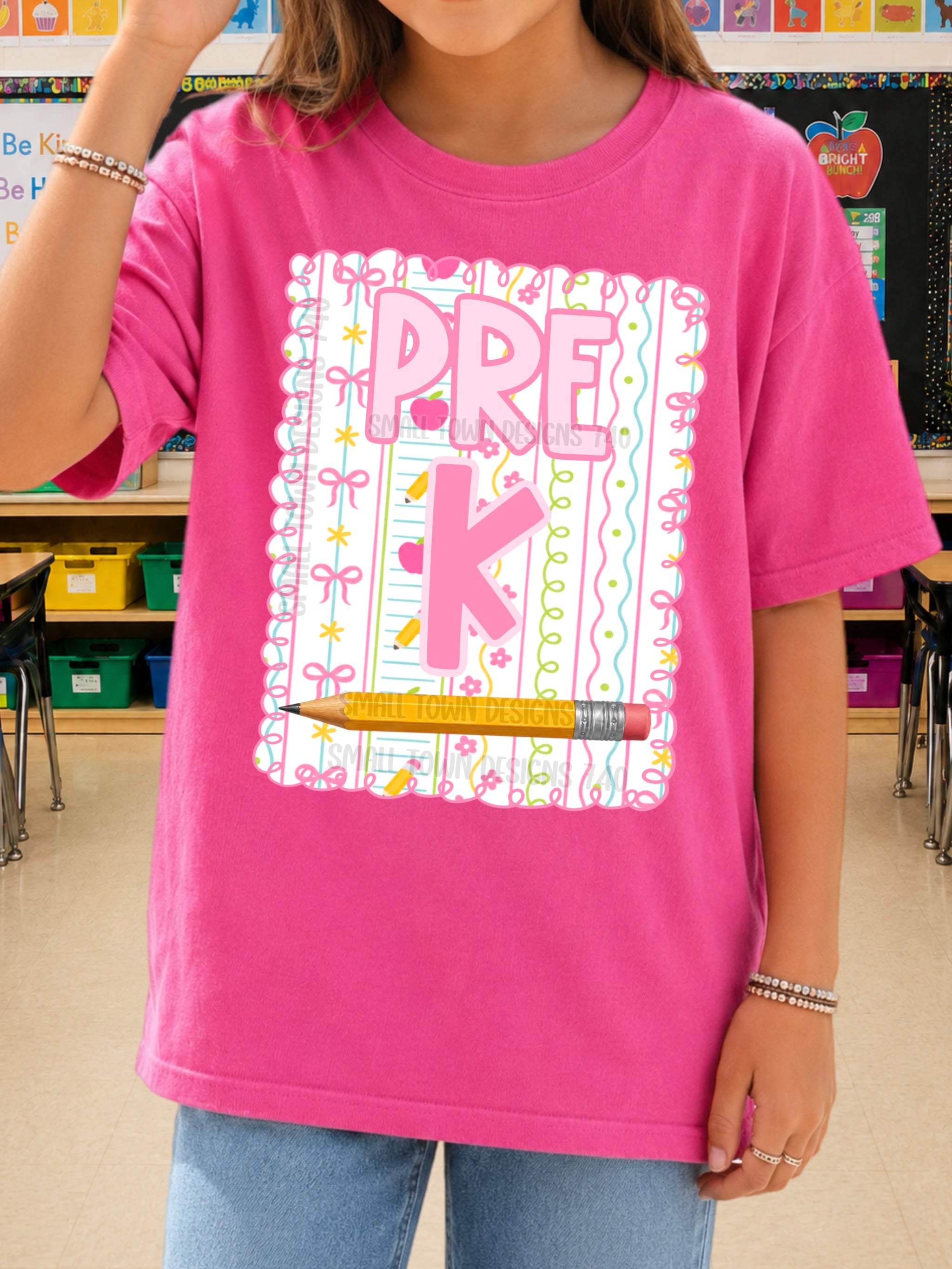 DTF PRINT - Back to School Pre K Bows Flowers Pencil Main image