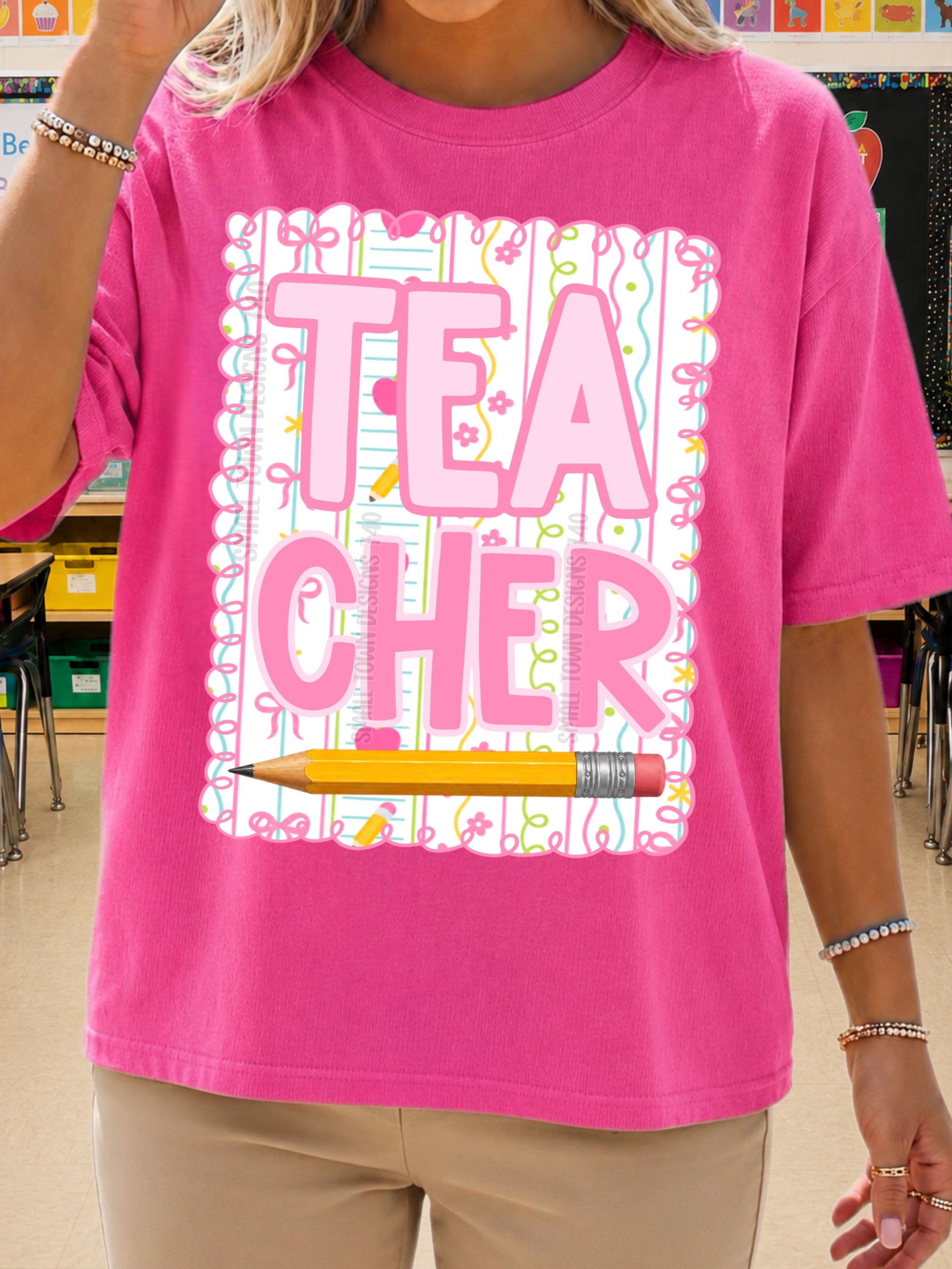 DTF PRINT - Back to School Teacher Bows Flowers Pencil Main image