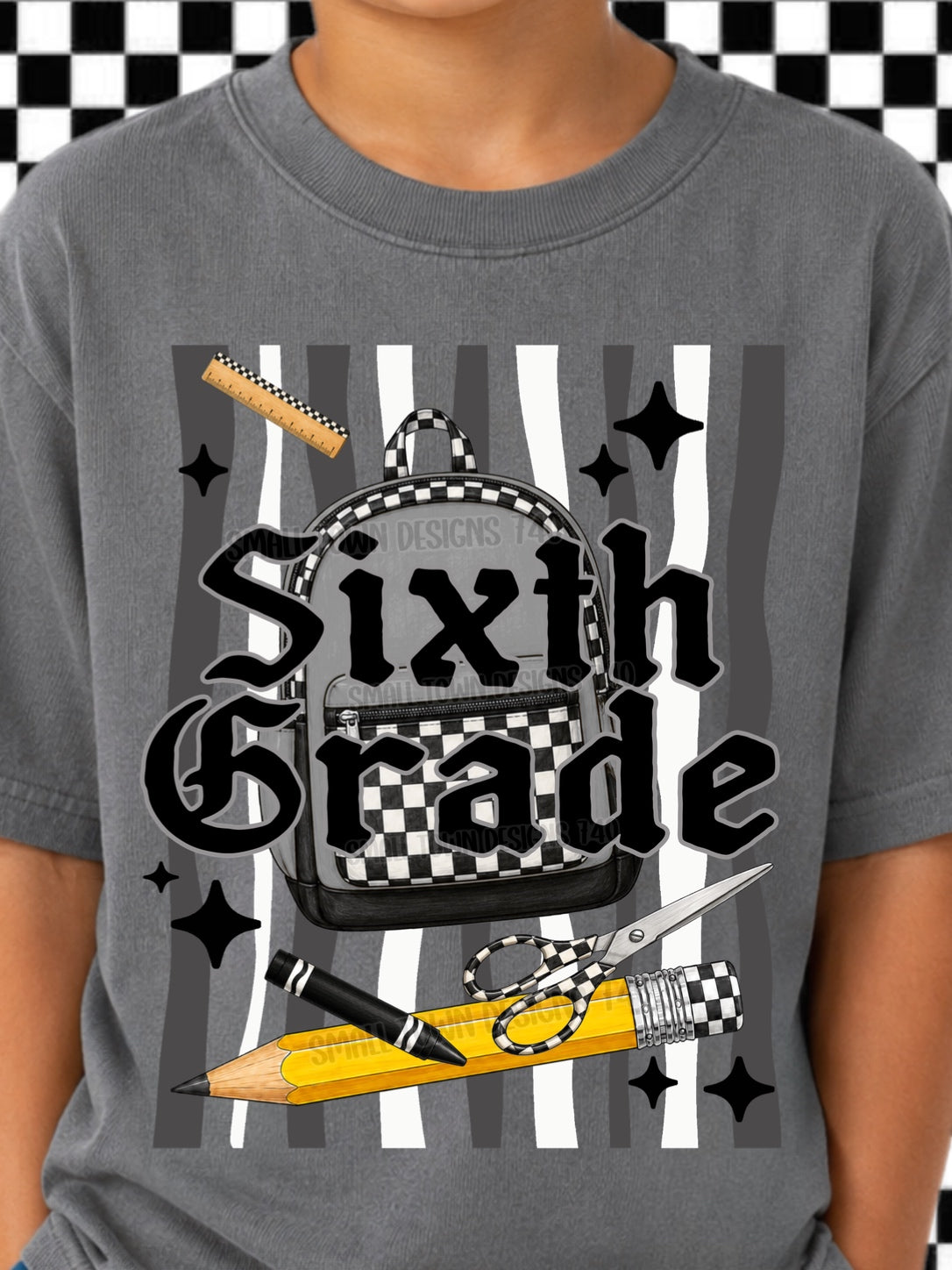 DTF PRINT - Back to School Sixth Grade Checkerboard Backpack School Tools