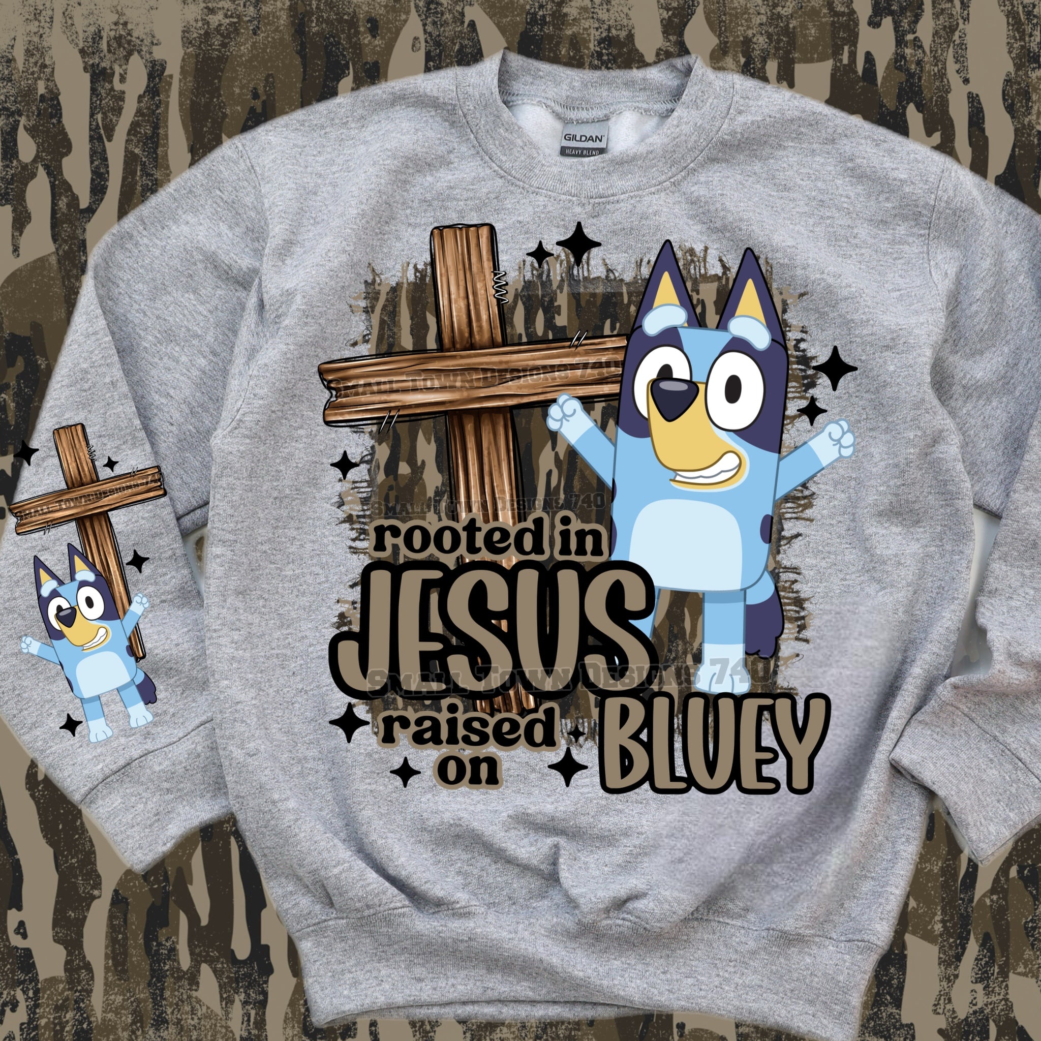 DTF Print Rooted in Jesus Raised on Bluey
