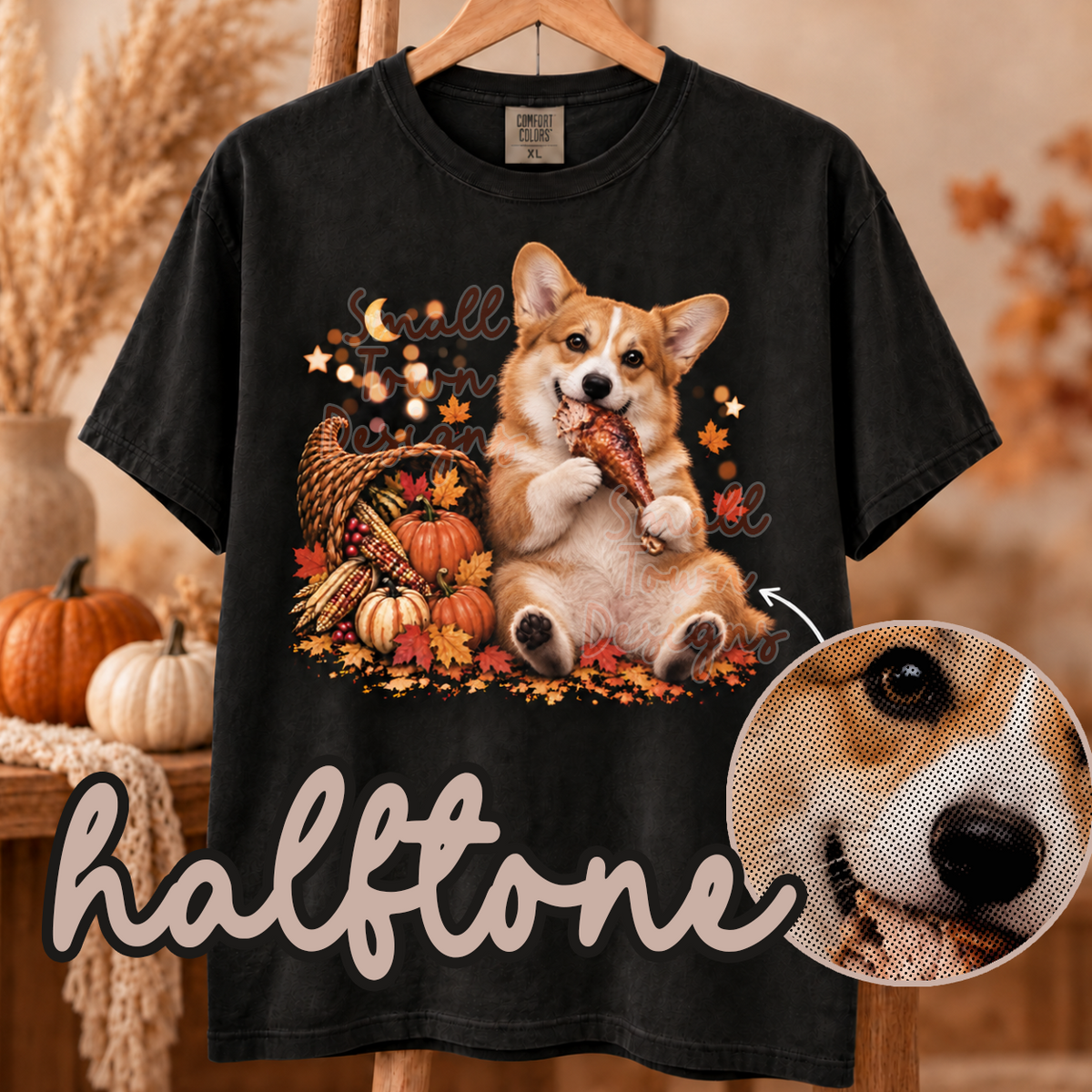 DTF PRINT - Corgi with Turkey Leg Halftone