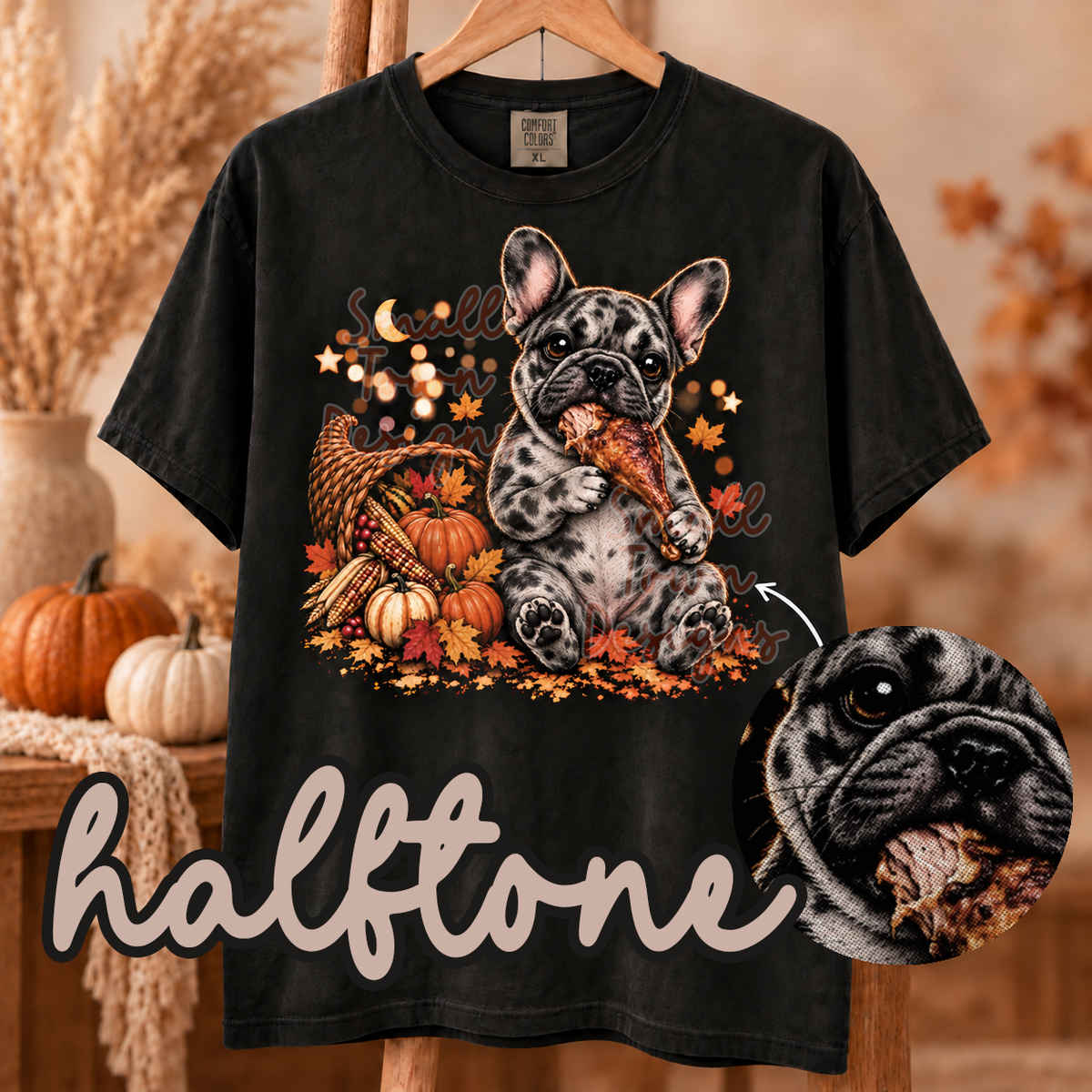 DTF PRINT - French Bulldog with Turkey Leg Black and White Halftone Main image