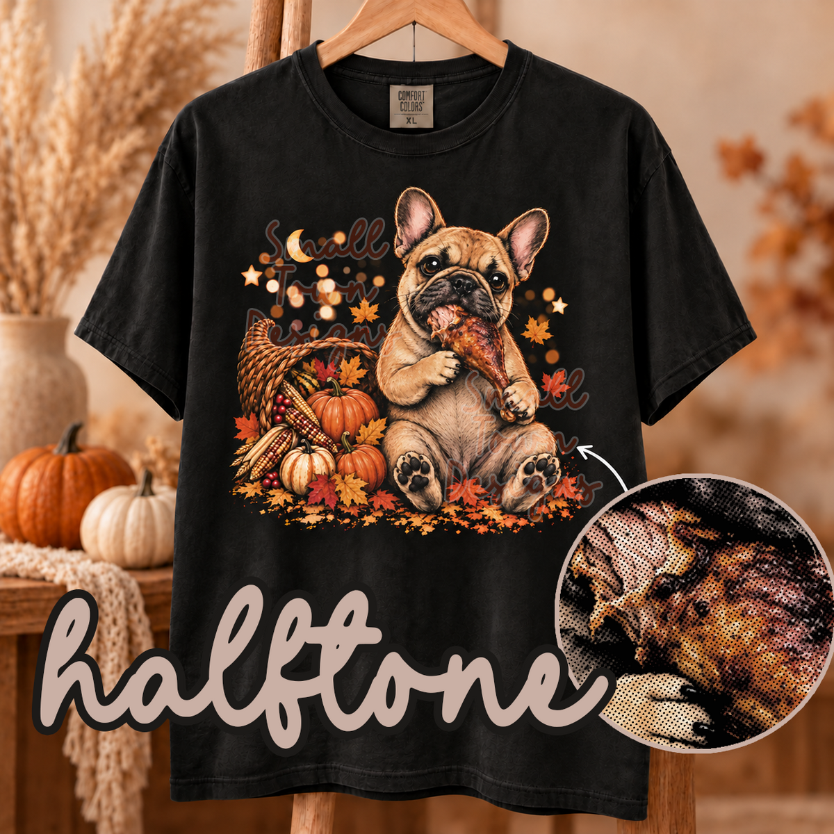 DTF PRINT - French Bulldog with Turkey Leg Halftone