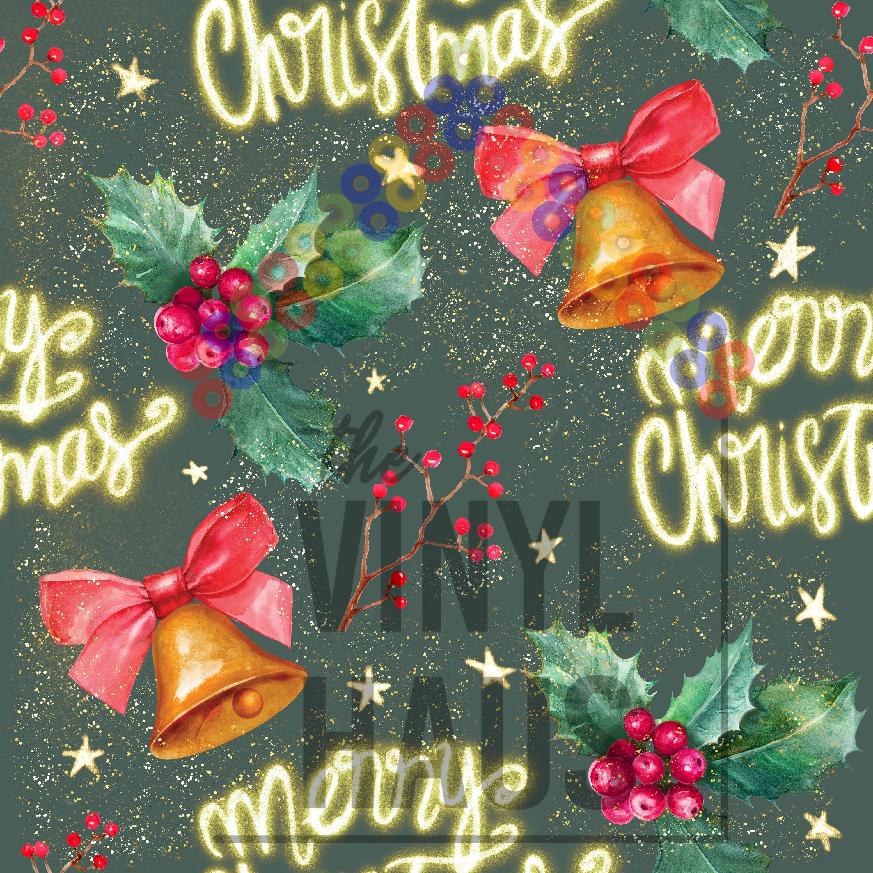 Merry Christmas, Bells, Holly Dark Green Background Pattern Vinyl 12" x 12" - The Vinyl Haus Main image