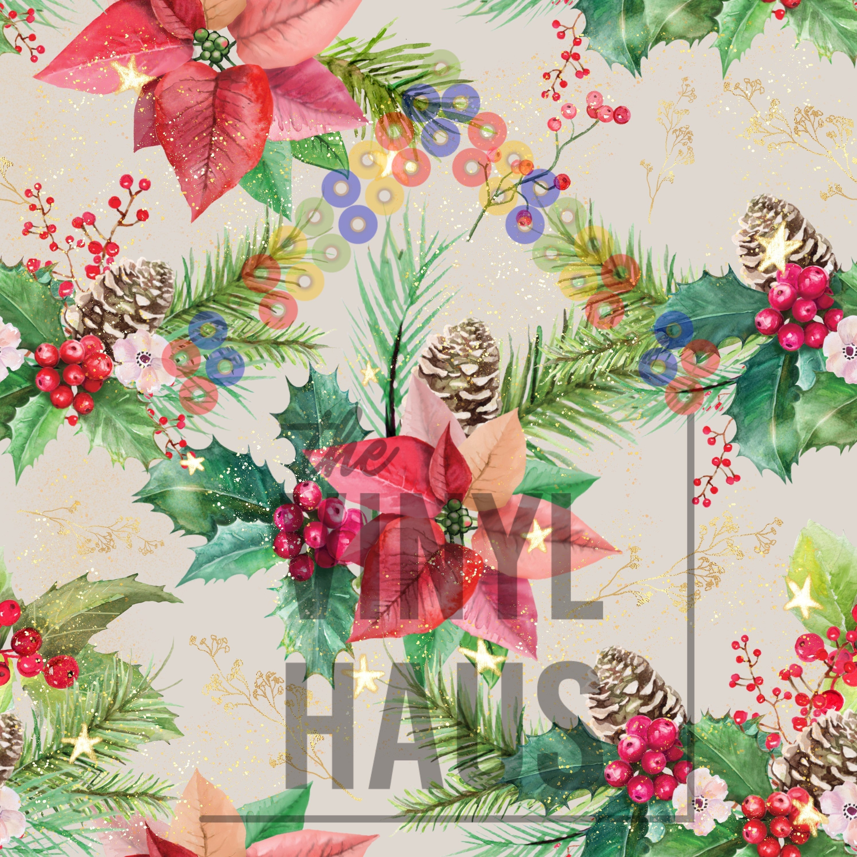 Poinsettia, Pine Cone, Holly, Beige Background Pattern Vinyl 12" x 12" - The Vinyl Haus Main image