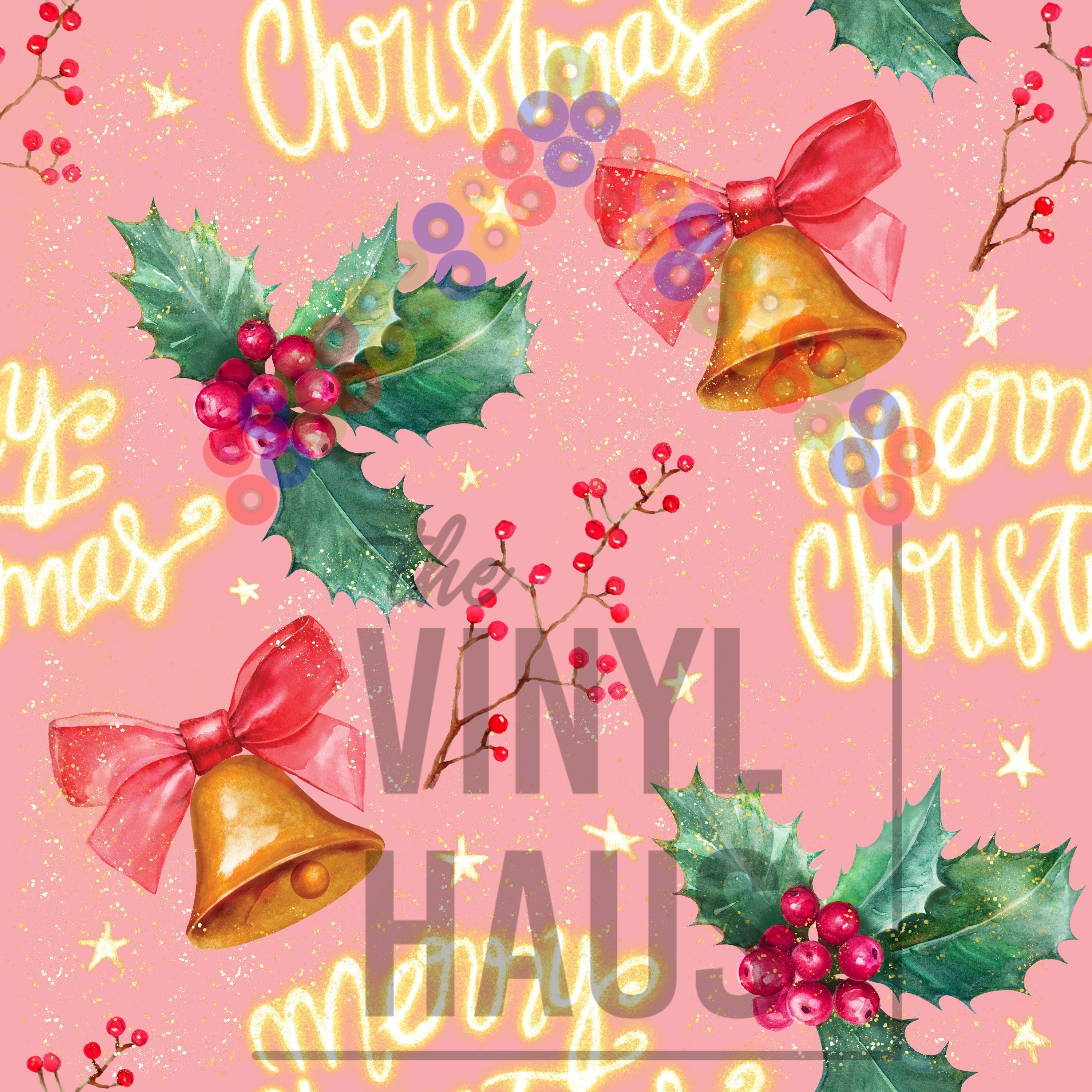 Merry Christmas, Bells, Holly Pink Background Pattern Vinyl 12" x 12" - The Vinyl Haus Main image