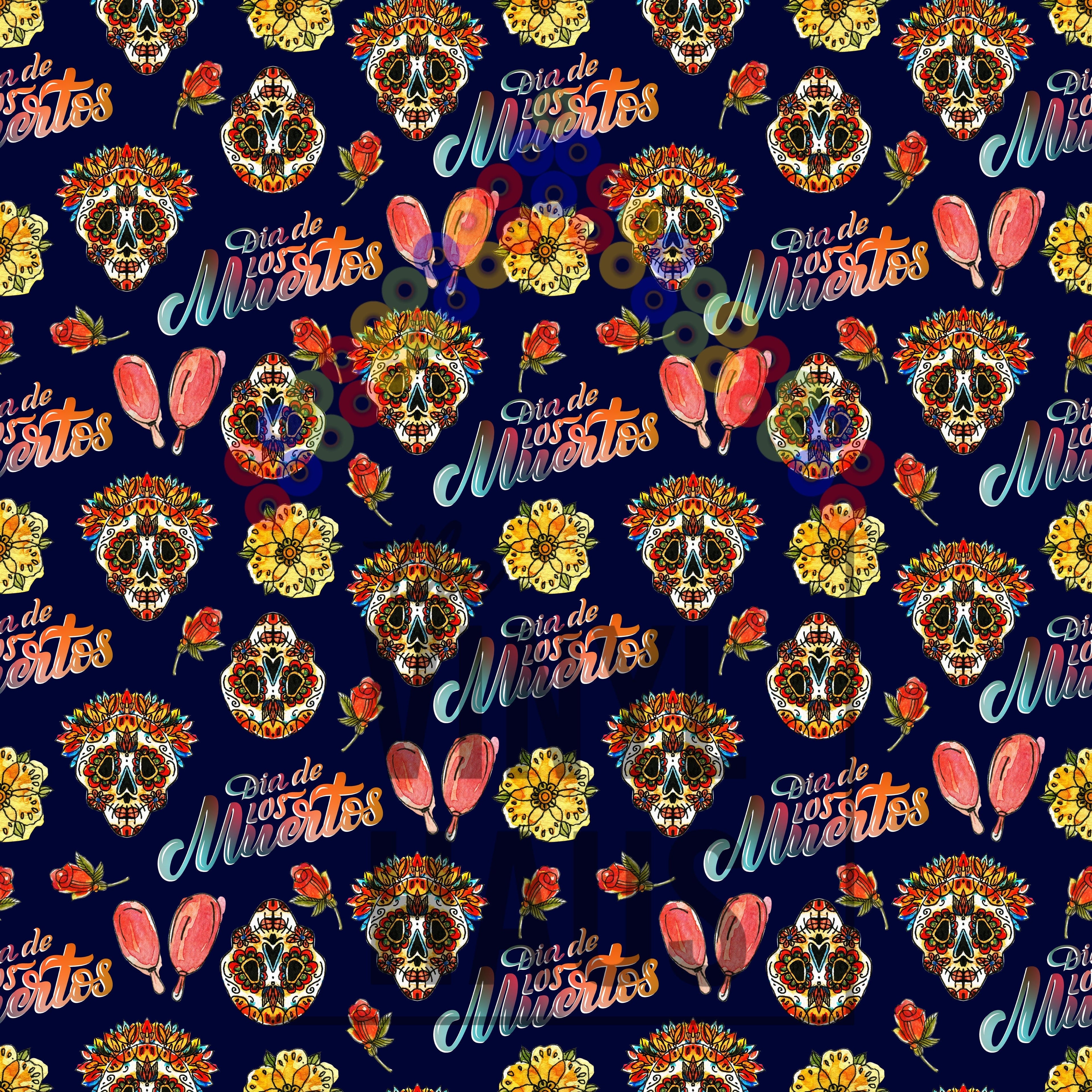 Day of the Dead Skulls Black Background Pattern Vinyl 12" x 12" - The Vinyl Haus