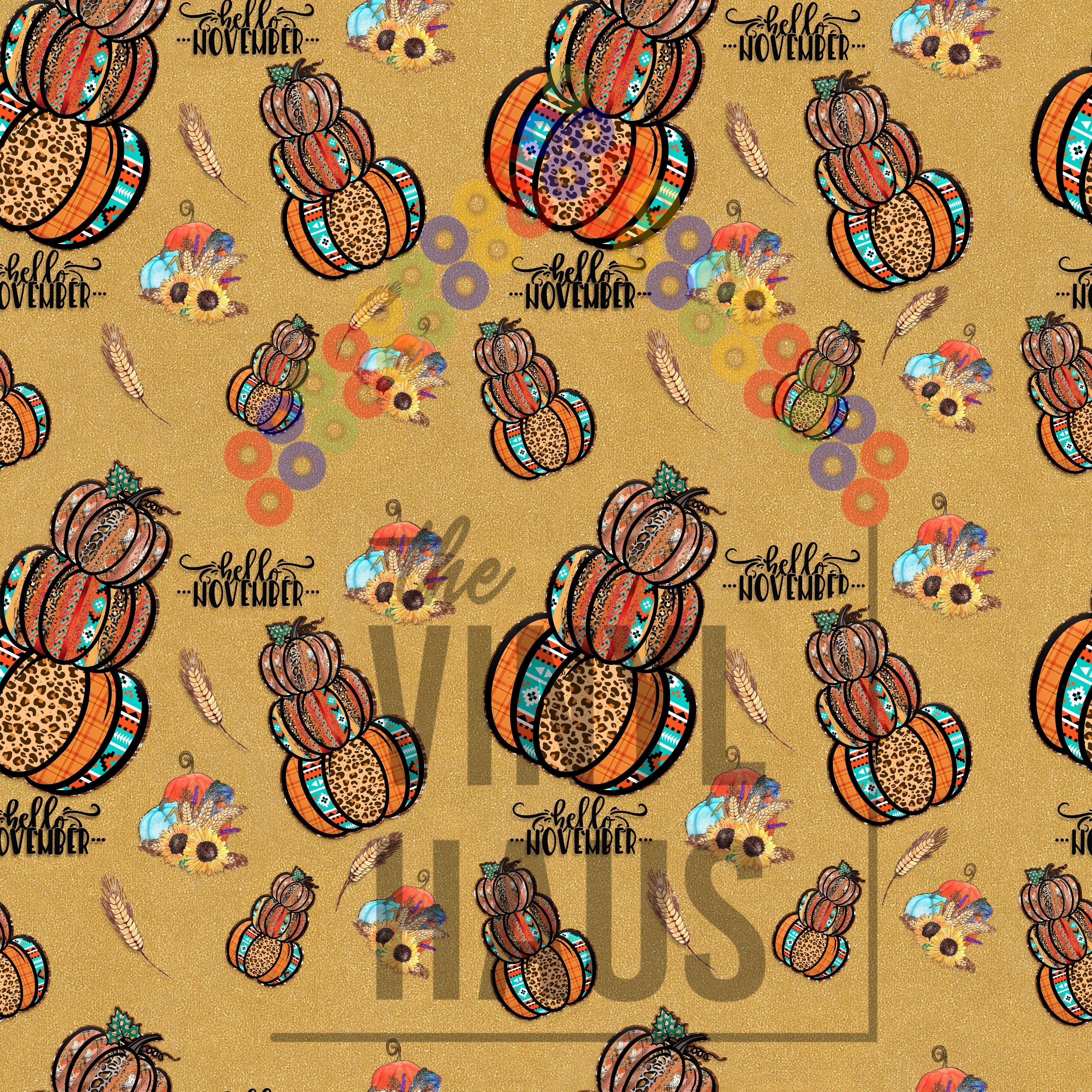 Serape Cheetah Pumpkin Stacks with Flowers Gold Background Pattern Vinyl 12" x 12" - The Vinyl Haus Main image
