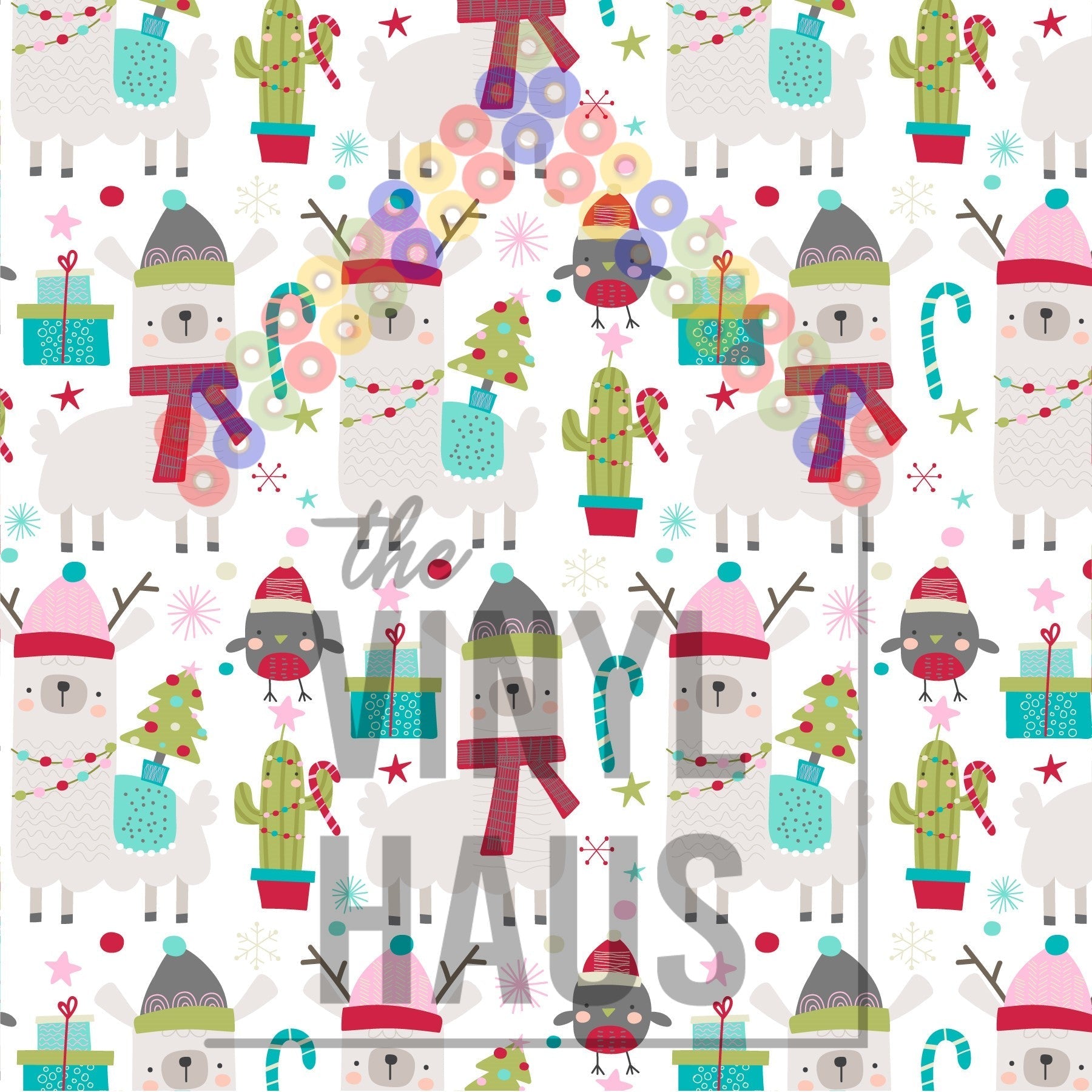 Christmas Llamas Penguins and Cactus Pattern Vinyl 12" x 12" - The Vinyl Haus Main image