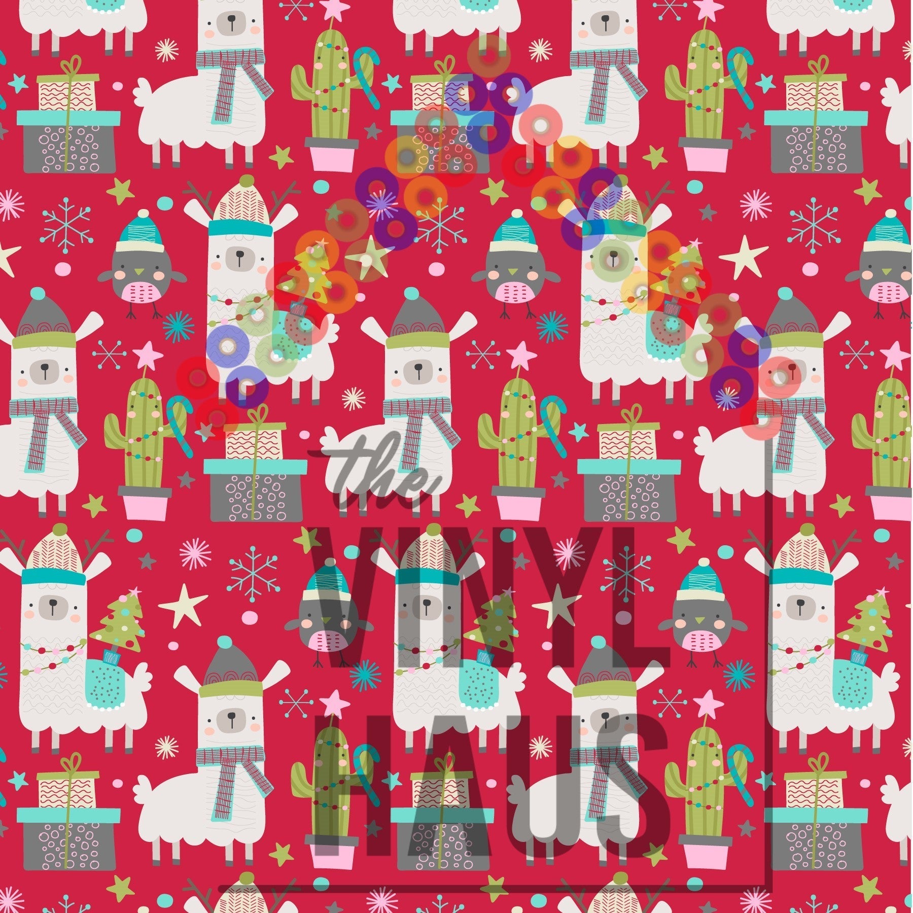 Christmas Llamas Penguins and Cactus Pattern Vinyl 12" x 12" - The Vinyl Haus Main image