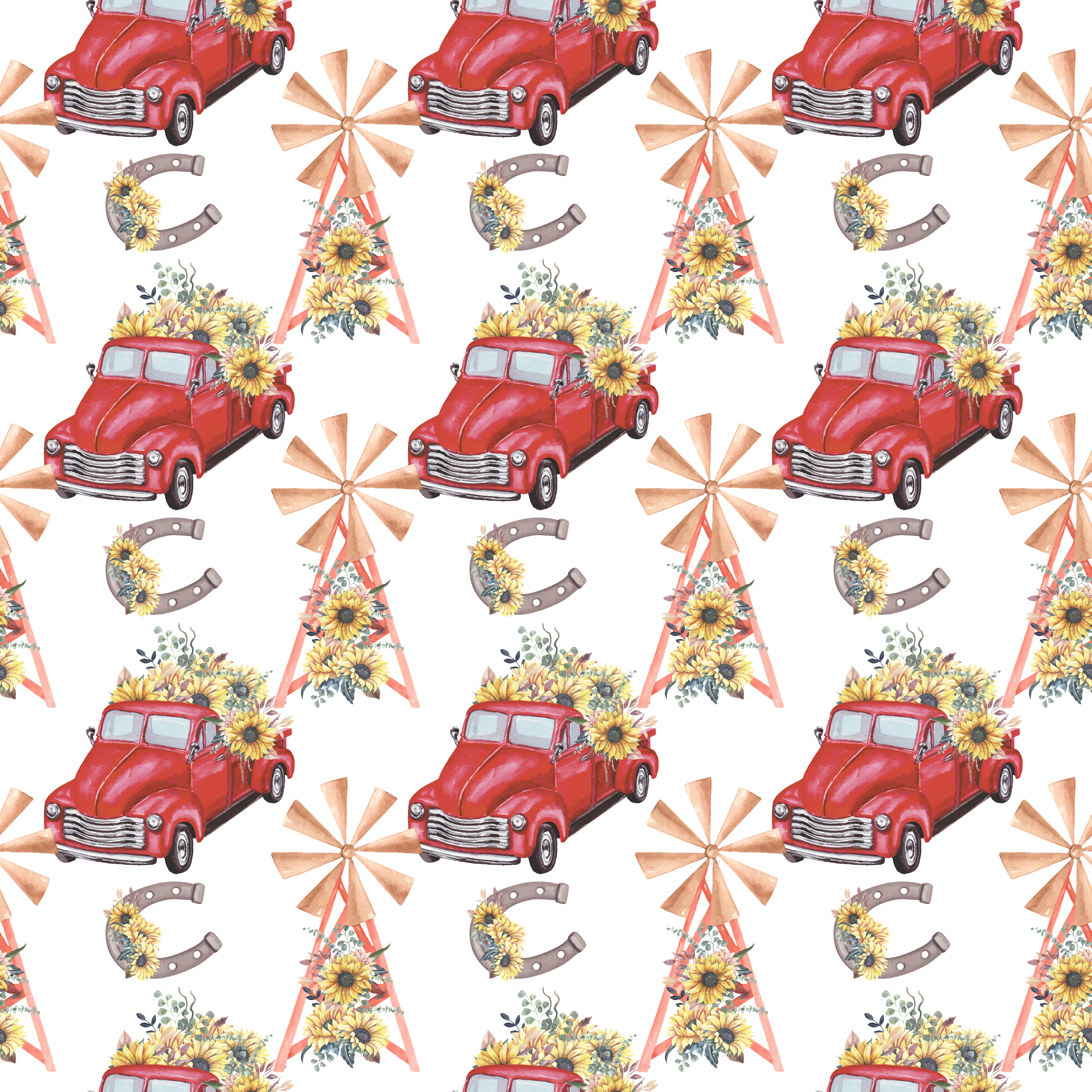 Red Farmhouse Trucks and Sunflowers Pattern Vinyl 12" x 12" - The Vinyl Haus Main image
