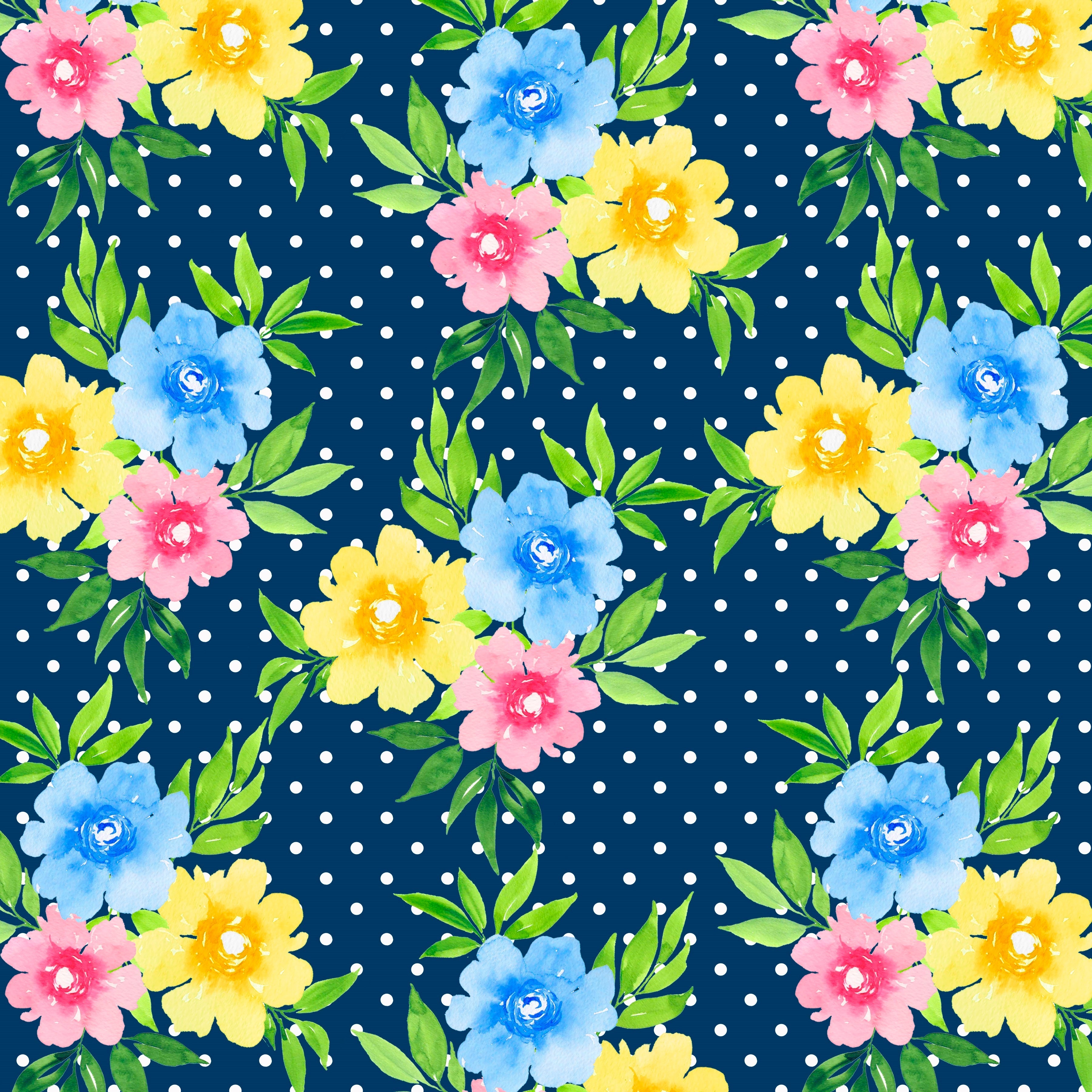 Garden Floral on Navy and White Polka Dots Pattern Vinyl 12" x 12" - The Vinyl Haus Main image