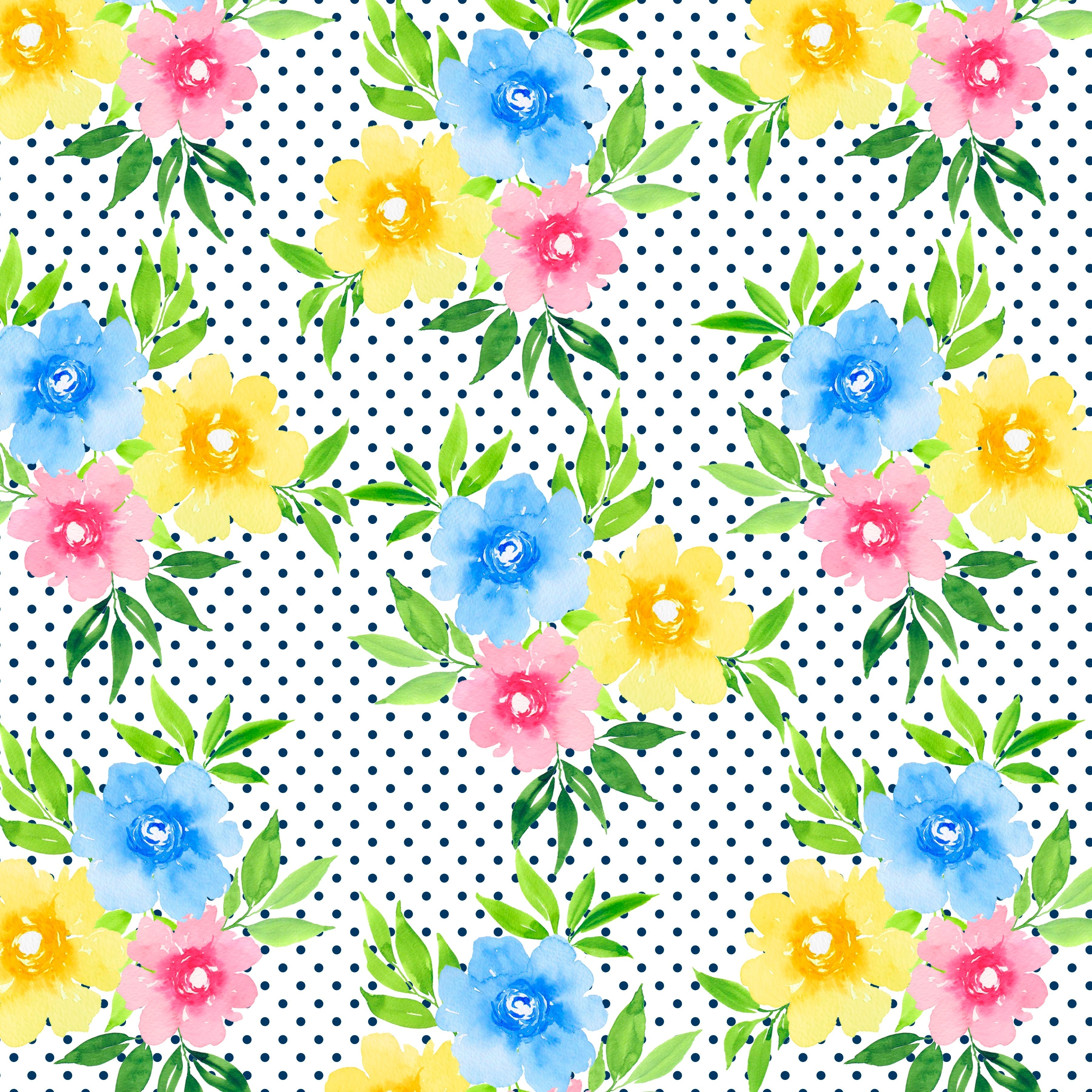 Garden Floral on White and Navy Polka Dots Pattern Vinyl 12" x 12" - The Vinyl Haus Main image