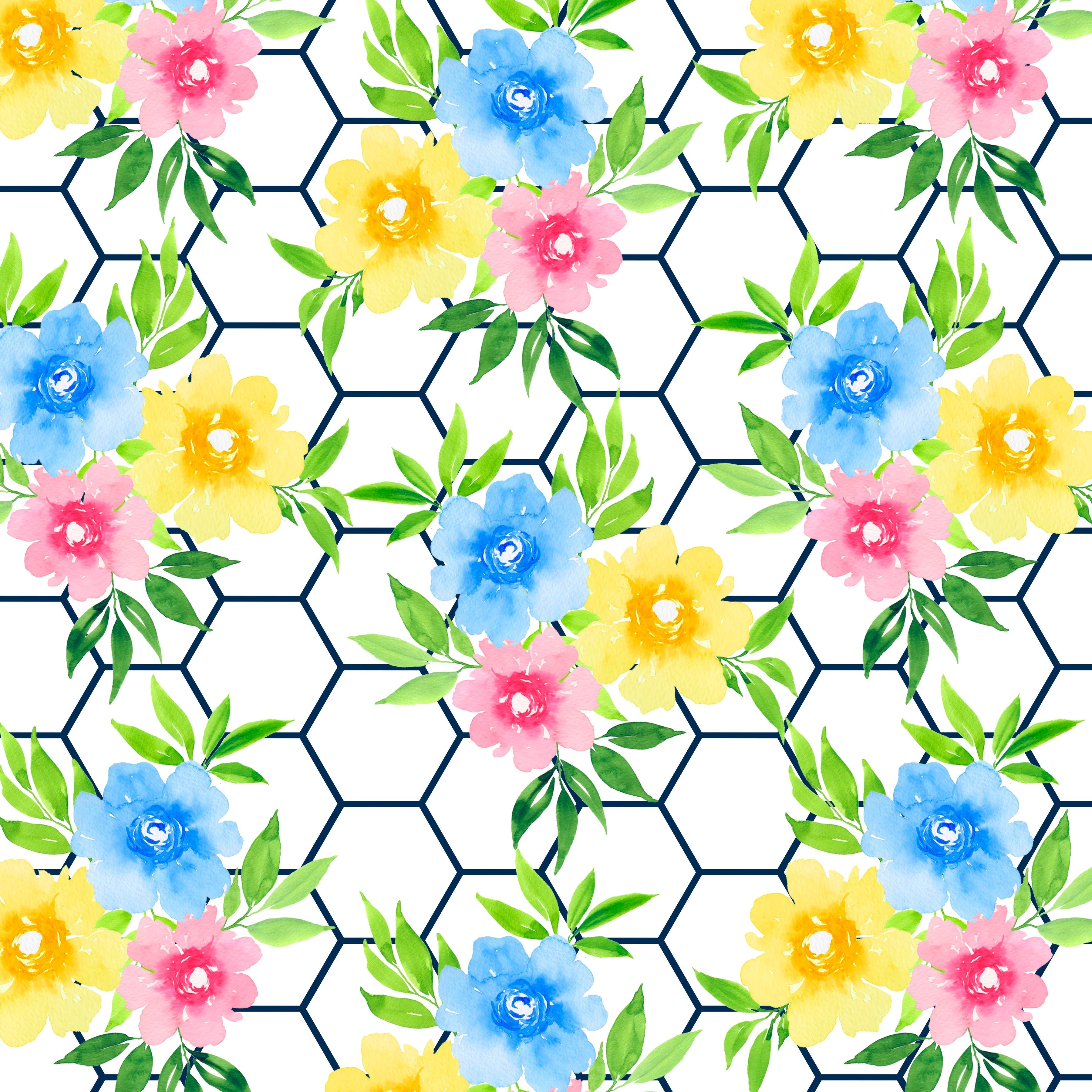 Garden Floral on White Honeycomb Background Pattern Vinyl 12" x 12" - The Vinyl Haus Main image