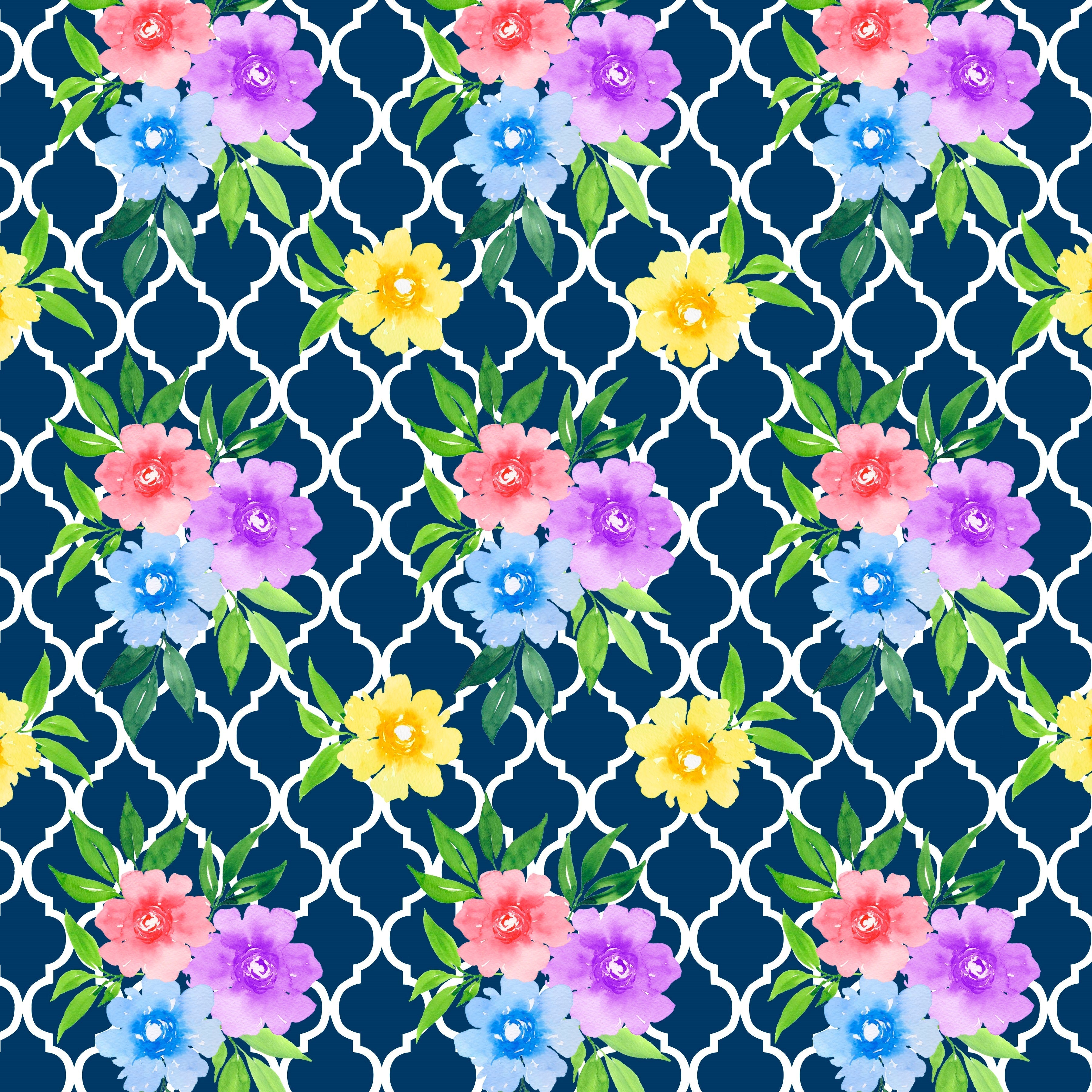 Garden Floral on Navy and White Lattice Background Pattern Vinyl 12" x 12" - The Vinyl Haus Main image